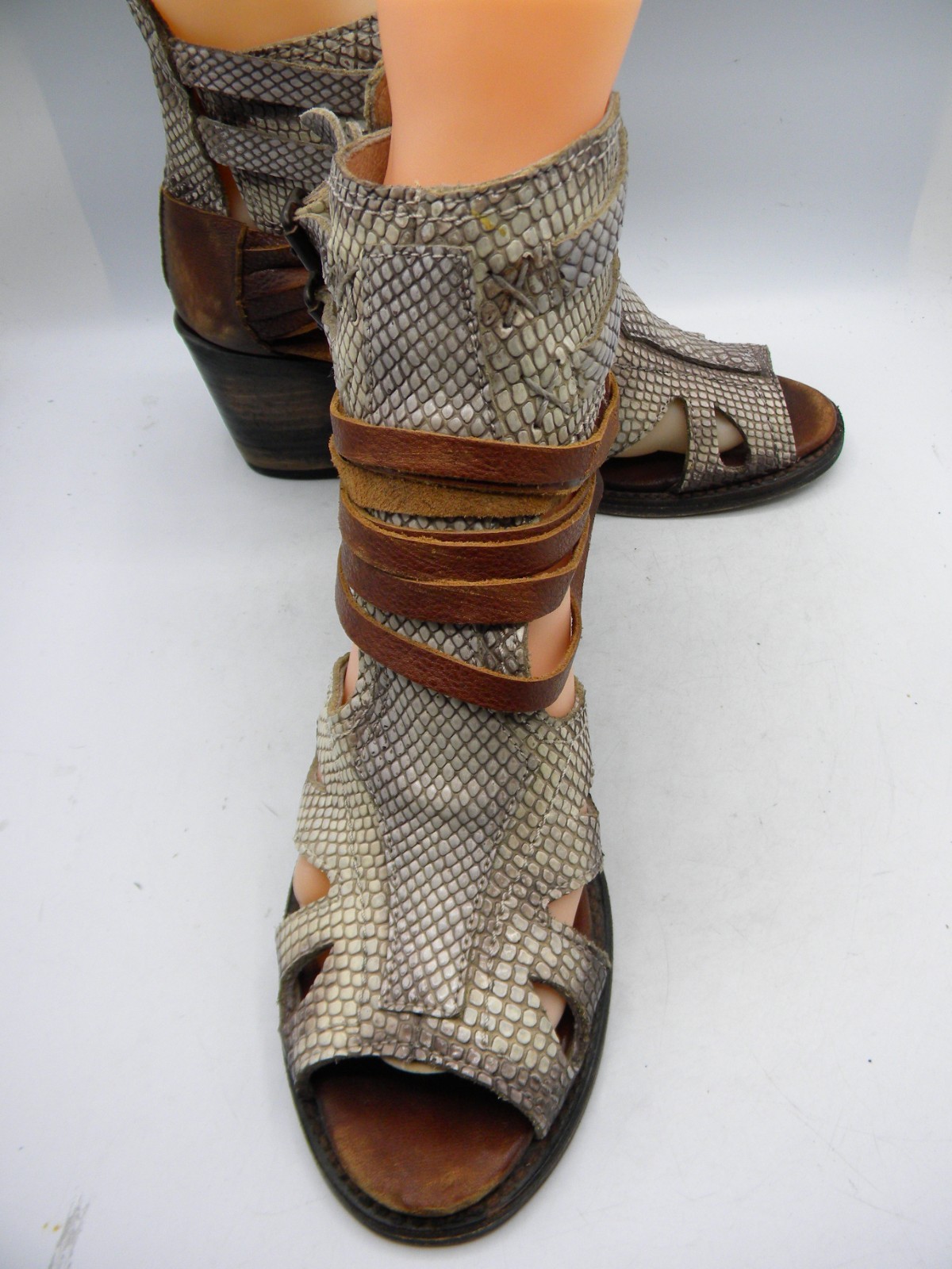 FREEBIRD by Steven Nest Snake Print & Brown Leather Block Heel Sandal Sz 9
