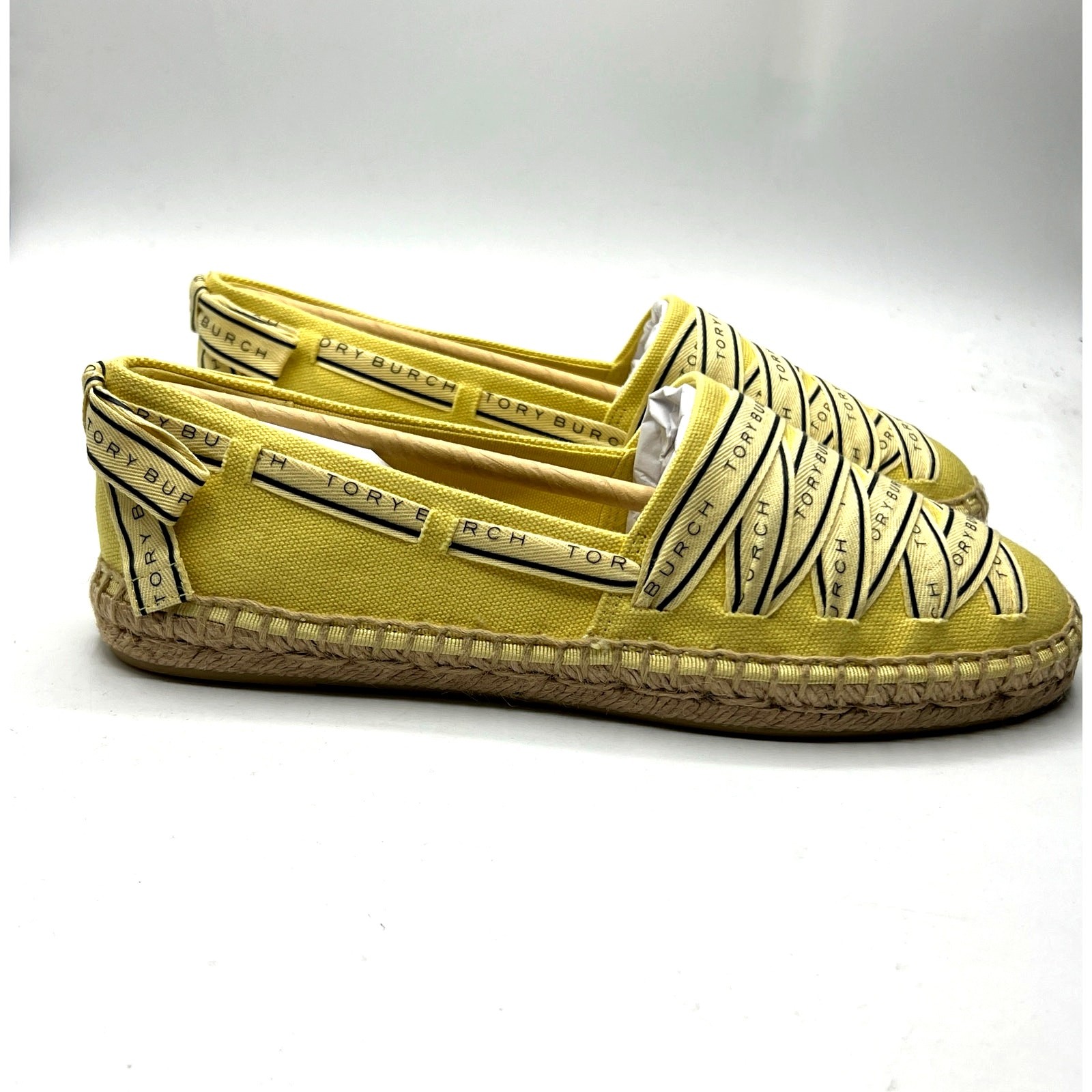 Tory Burch Tory Ribbon Espadrille Blonde Straw Dark Seaweed Yellow Size 7 NEW