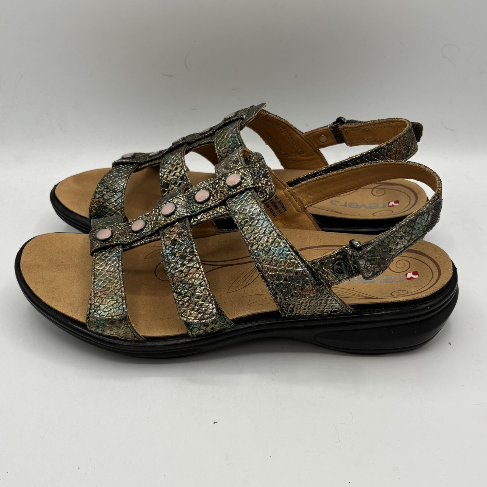 Revere Toledo Peacock Python Iridescent Black Strappy Sandals Women 8M