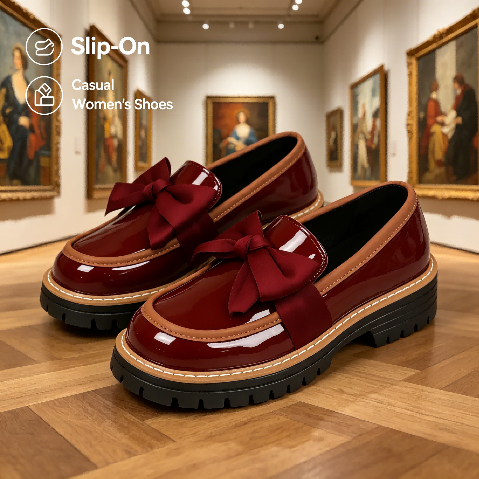 Women Patent Leather Loafers, Round Toe Bow Chunky Heel Platform Shoes