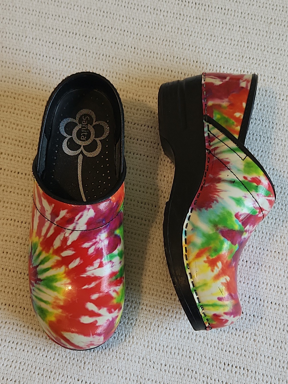 Sanita Tye Dye Waterproof Clogs Size 37 / 7 Danish Hard soles Black The Original
