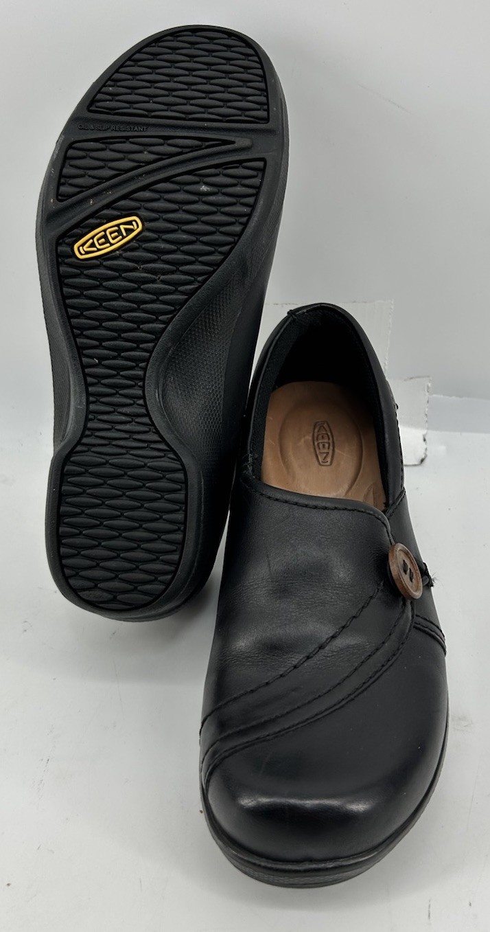 Keen Mora Button Black Leather Loafers Slip On Women’s Size 5
