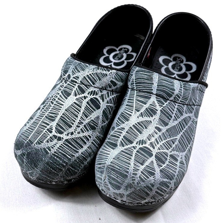 Sanita Professional Clogs Womens 38 Grey White Web Pattern Leather Nursing Shoes