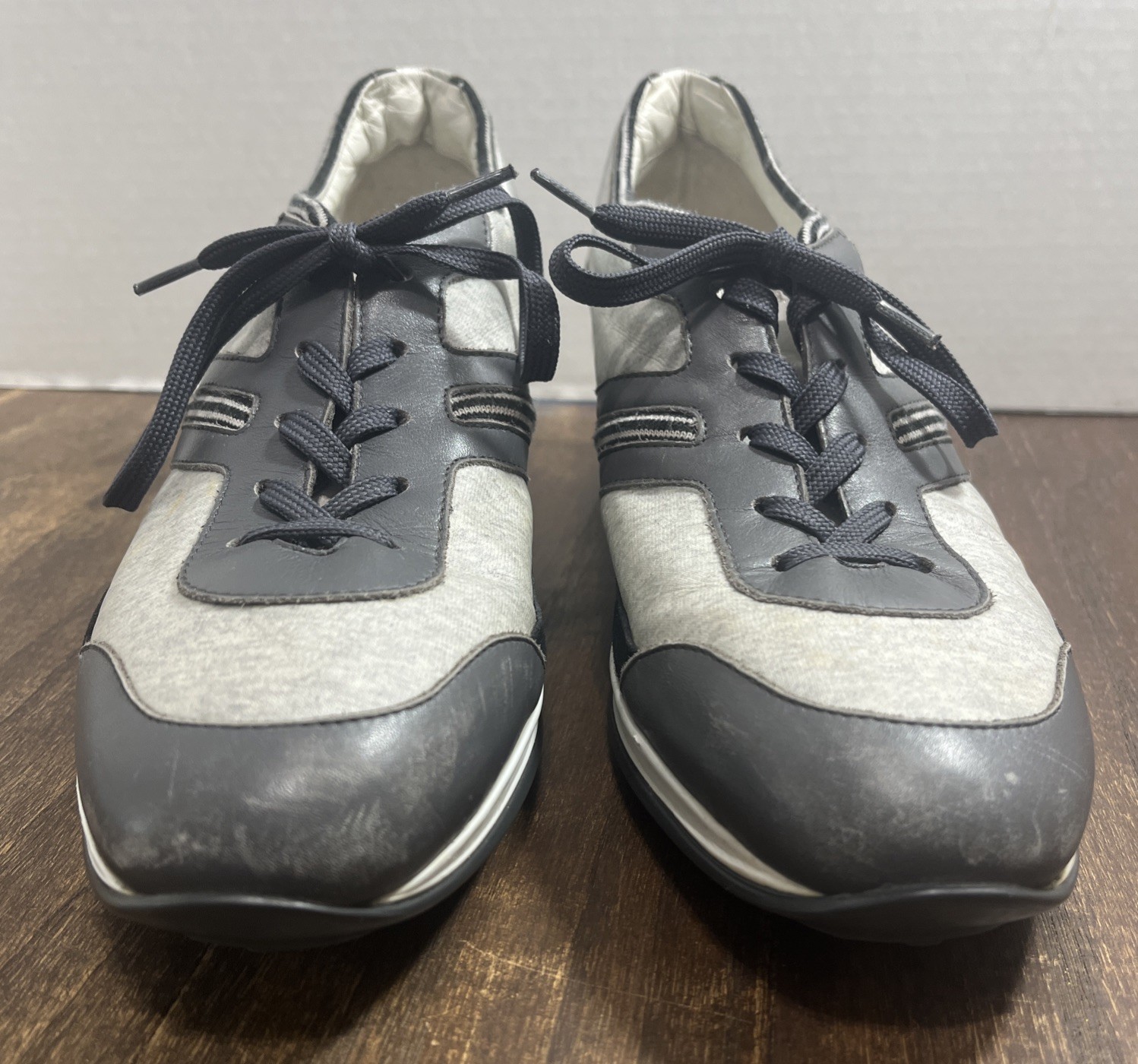 Tods Women’s Blue Gray Leather Fabric Almond Toe Wedge Sneakers Sz 8 US / 39 EU