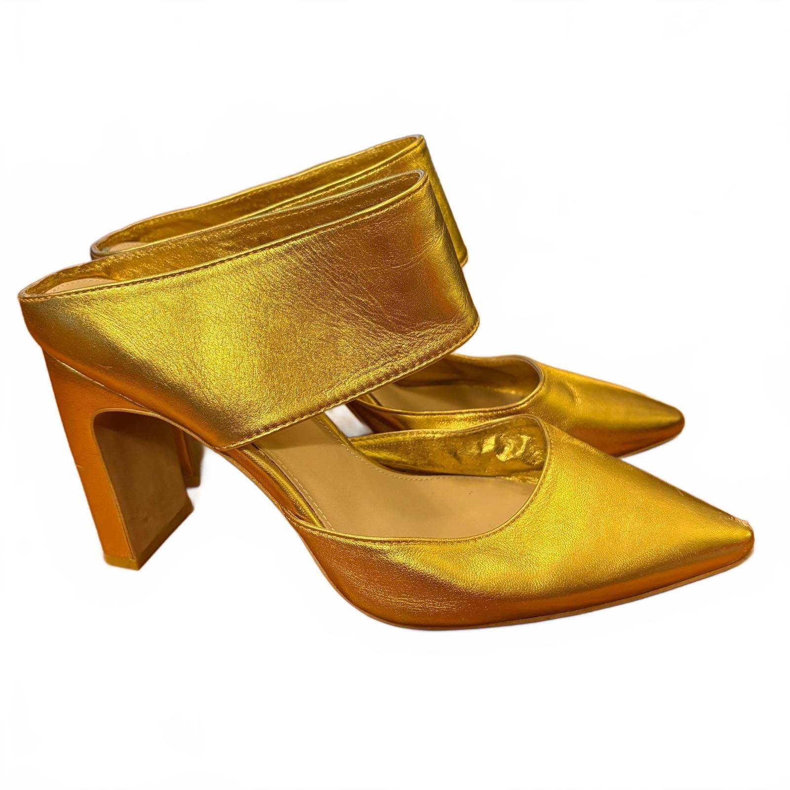 Wittner Heston Gold Leather Pointed Toe Block Heel Mules Size 39 Glam Formal