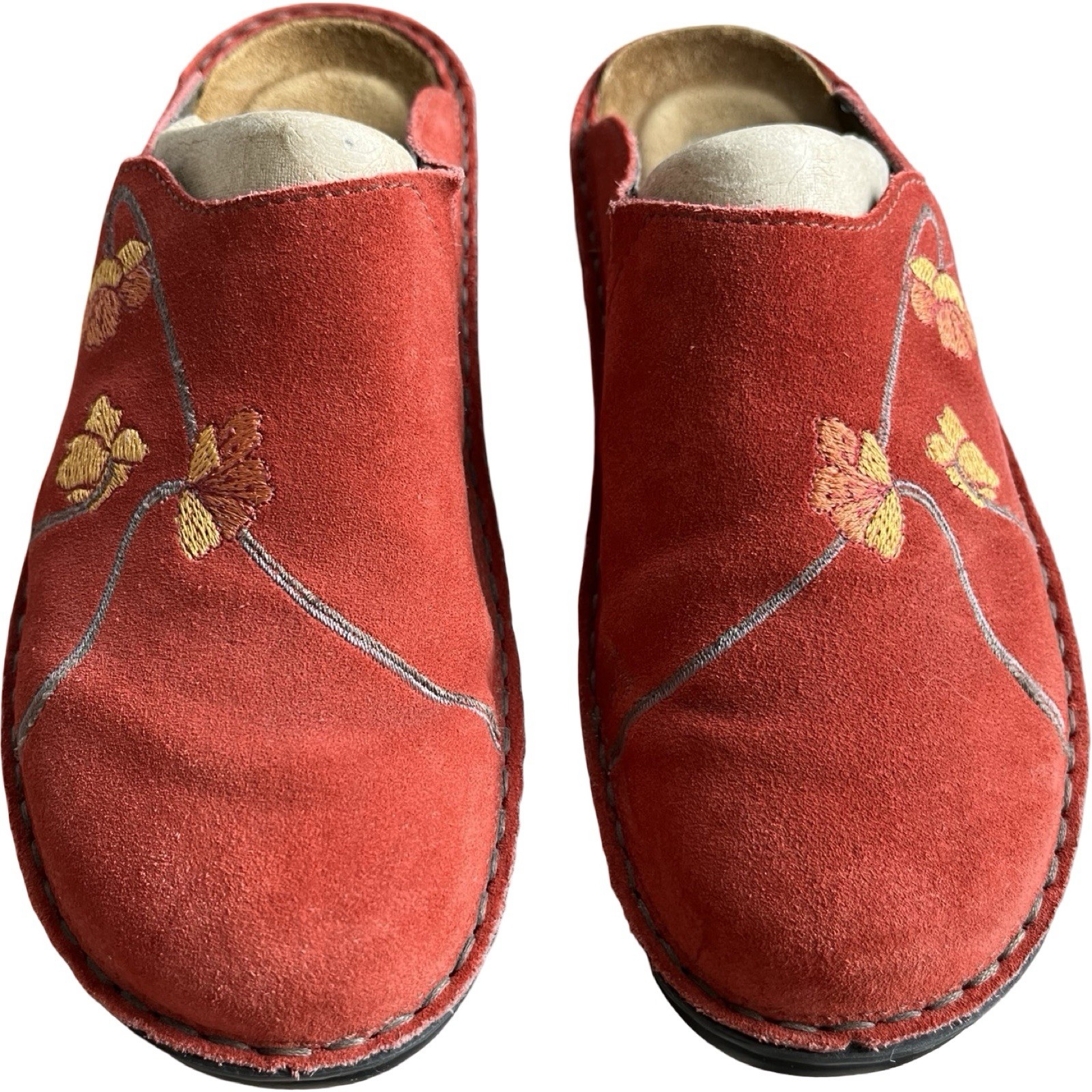 NAOT Size 38 Mule Shoes Red Suede Embroidered Flowers US Size 7.5 Slip On
