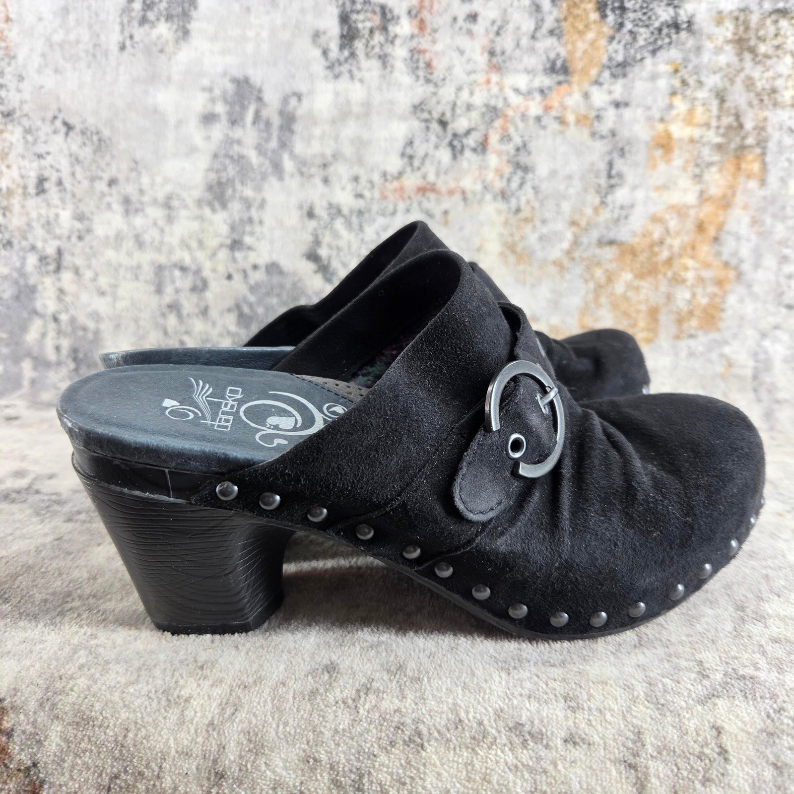 Dansko Black Suede Studded Clog Mules Womens EU 36 Buckle Strap Heels Boho