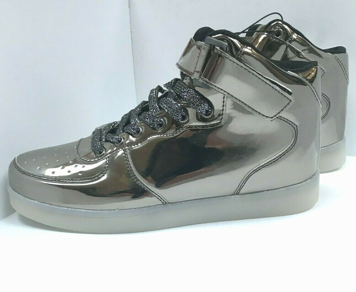 Mid Top Lace Up metallic Silver Black Casual Sneaker w USB chargeable Led lights