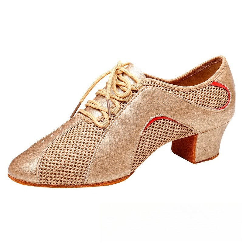 High-Heeled Latin Dance Shoes for Lady Mesh Leather Splice Tango Shoes Outsole