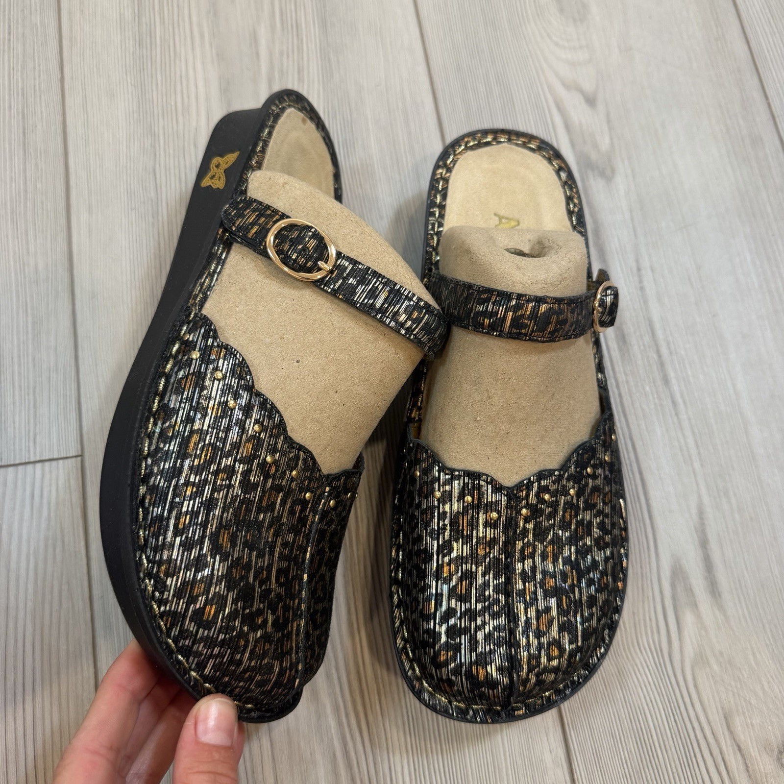 Alegria Tuscany Leopard Stripe Metallic Leather Clogs Mules TUS-403 38 8 8.5