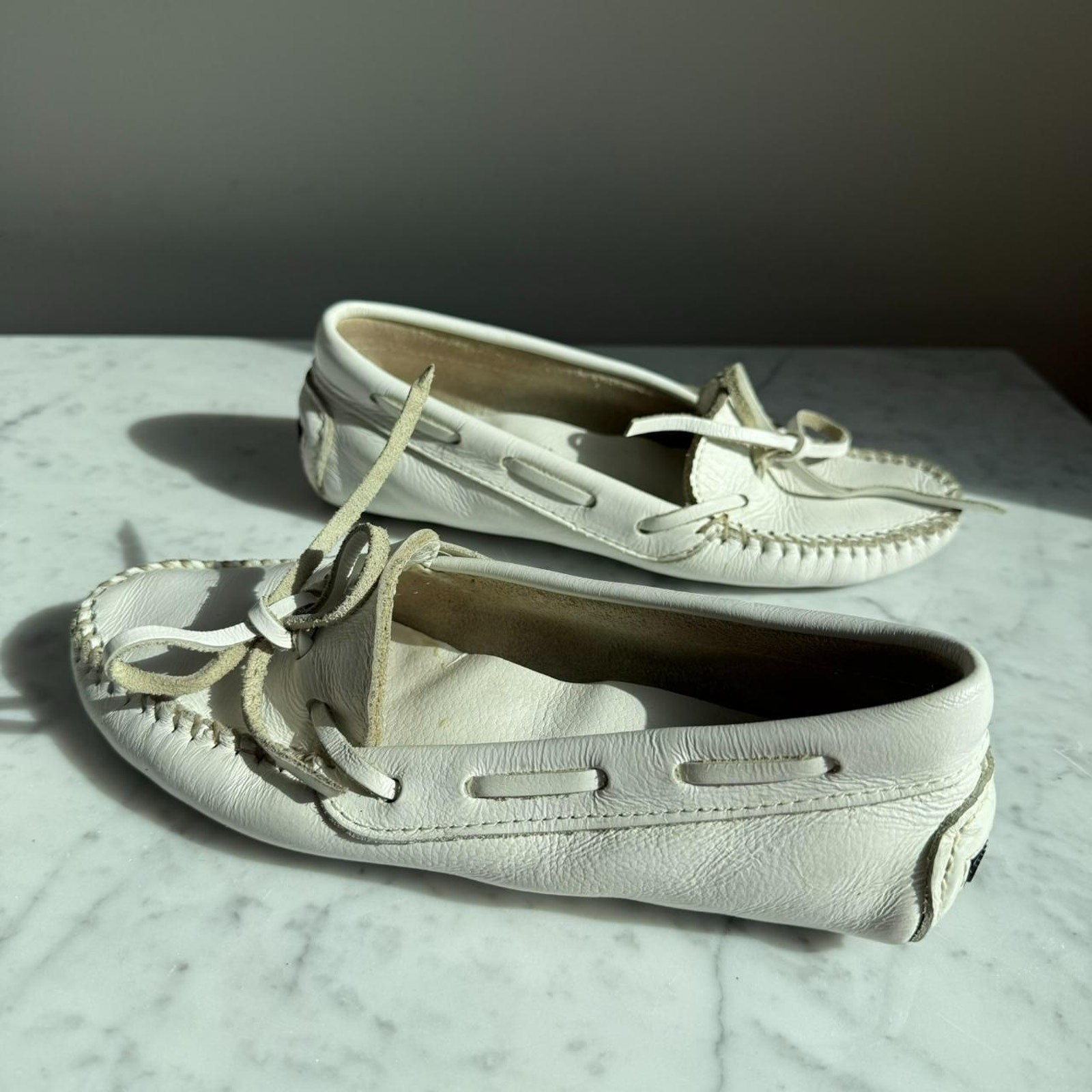 Minnetonka Classic Leather Driver Moccasins White Made in USA