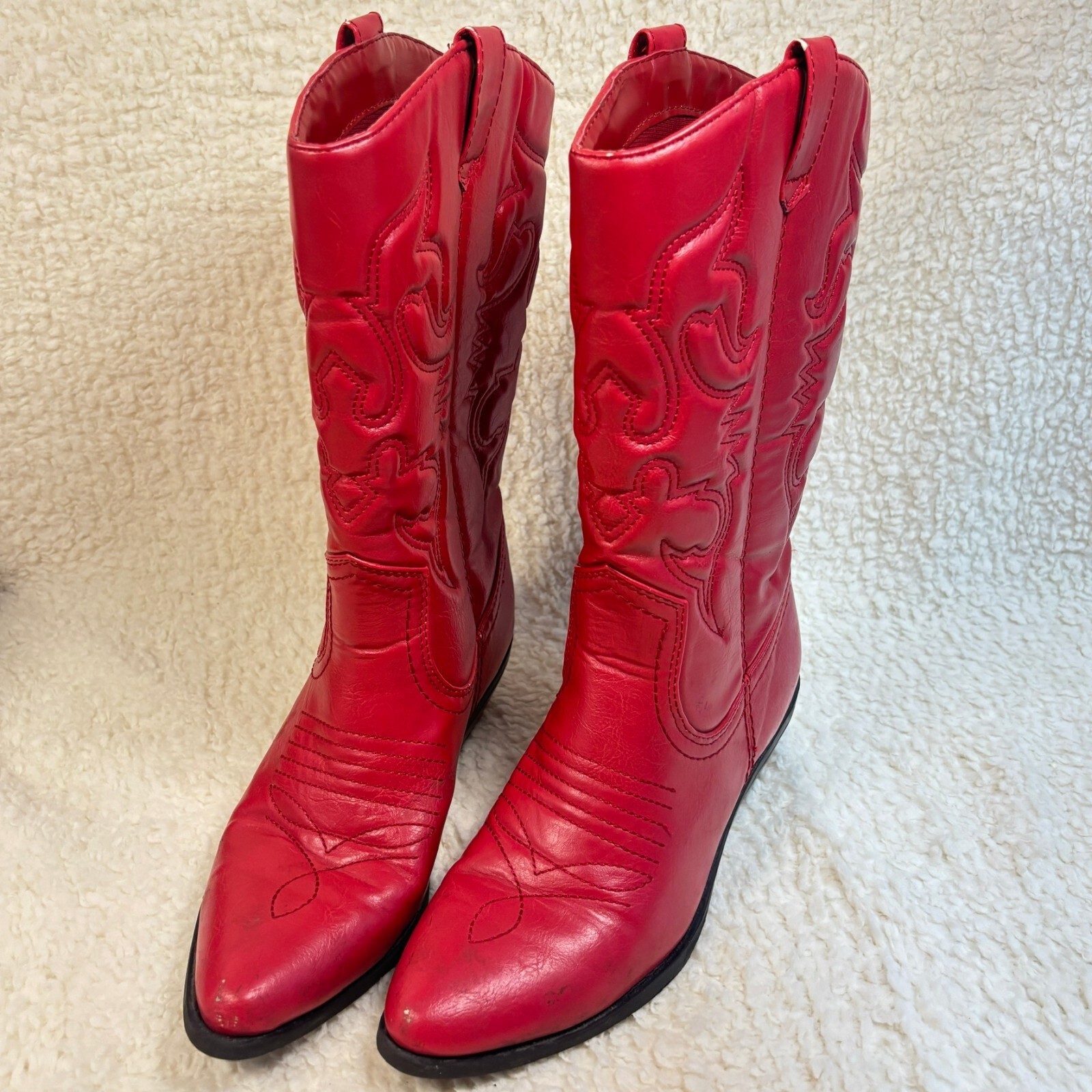 Red Faux Leather Western Cowboy Boots Size 7.5 Embroidered Knee High Y2K