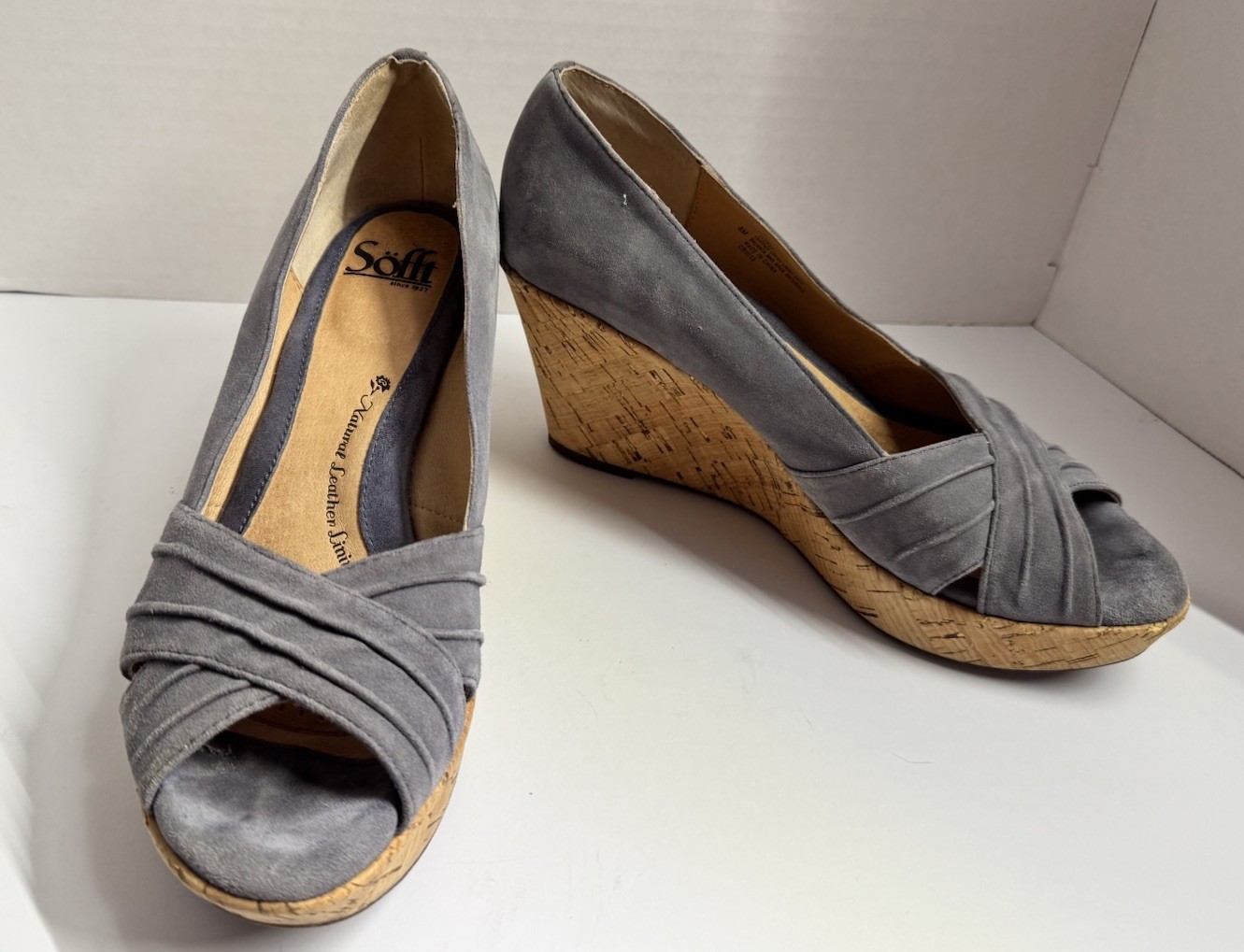 Sofft Olwen Women’s Iris Blue Leather Open Toe Cork Platform Wedge Sandal 8M