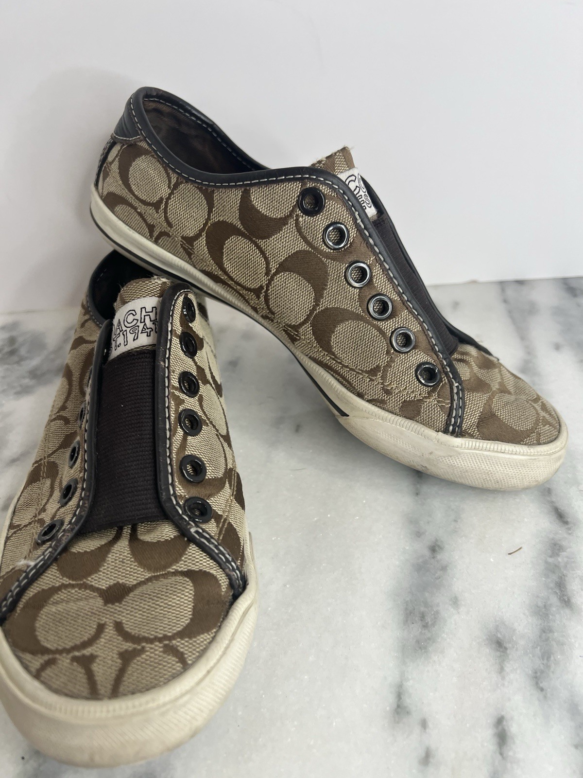 Coach Bev Laceless Women’s Sz 6.5 Sneakers Brown/Tan Q586 Signature Poppy