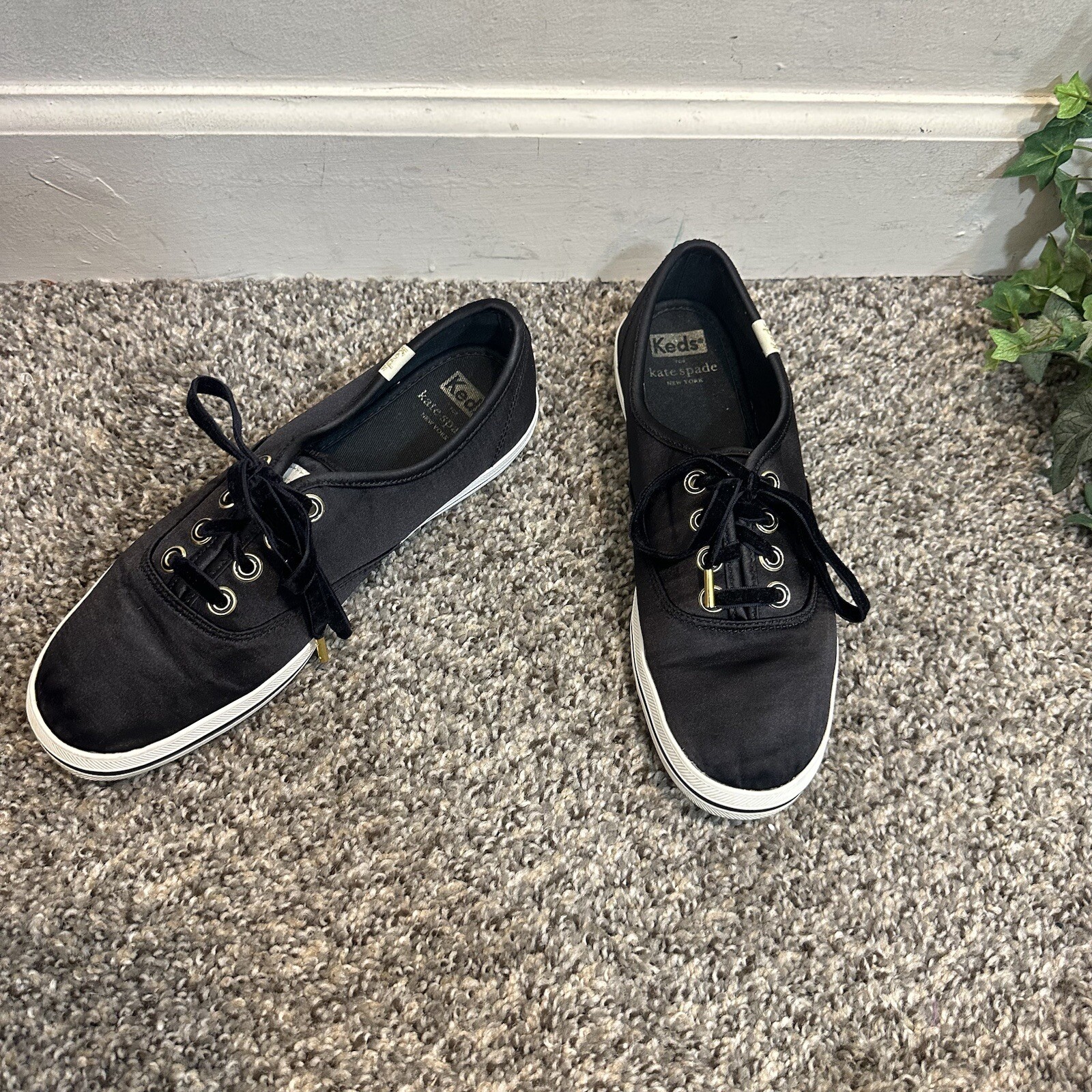 Keds Kate Spade Champion Satin Black Sneakers Shoe Lace Up Size 7.5