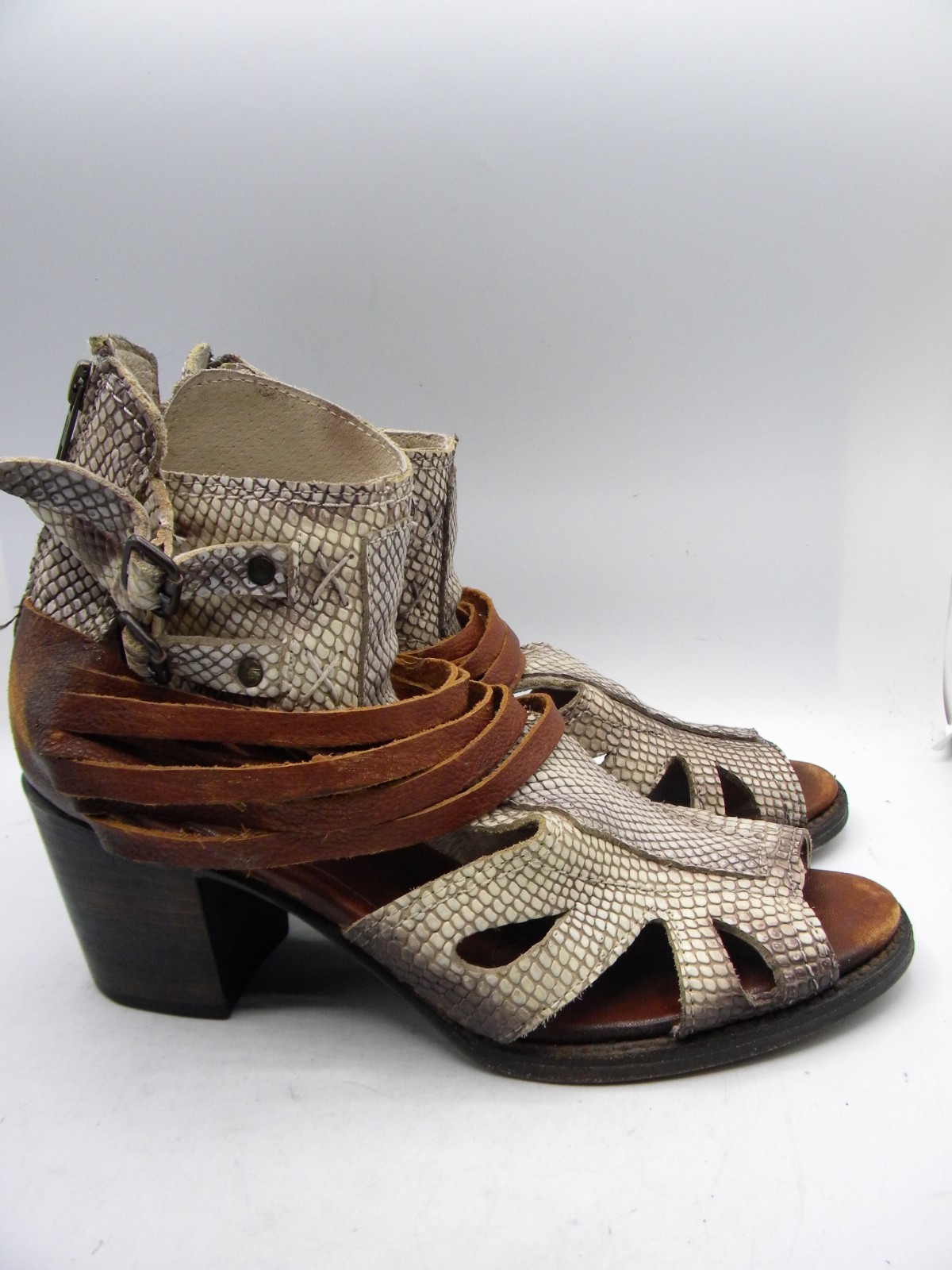 FREEBIRD by Steven Nest Snake Print & Brown Leather Block Heel Sandal Sz 9