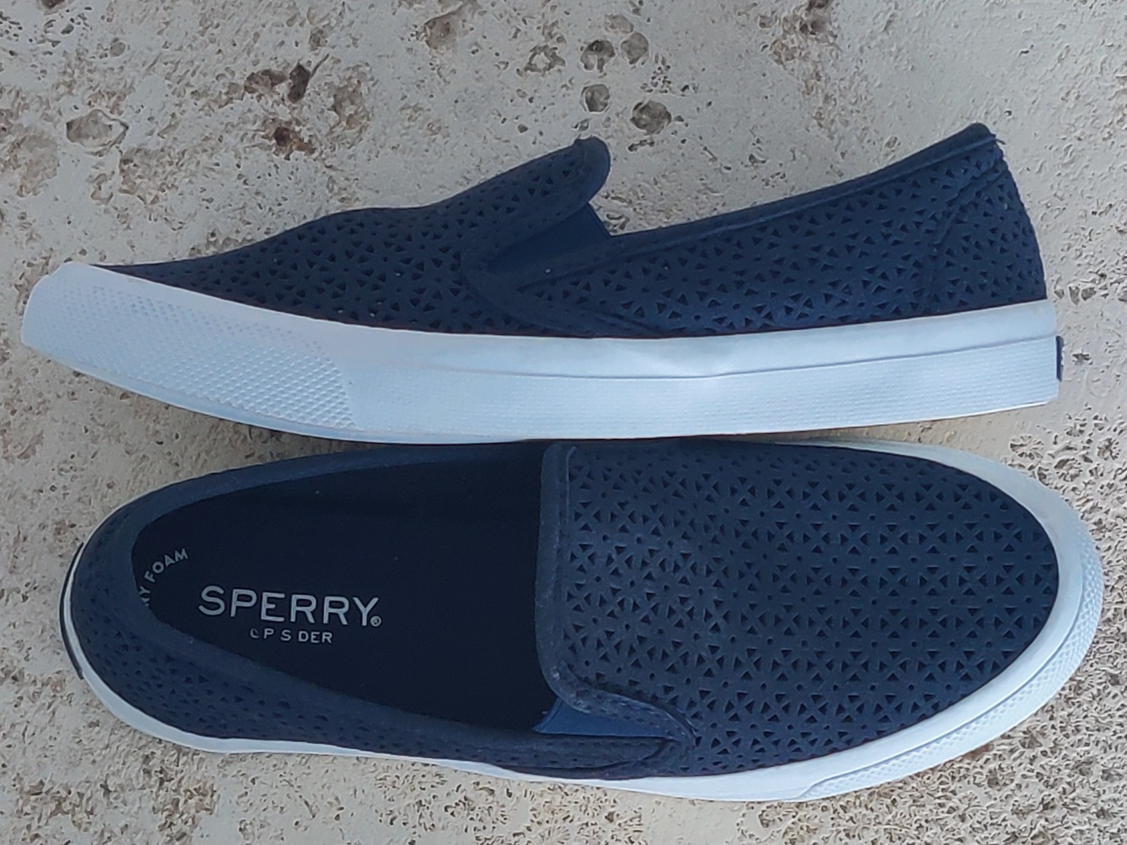 Sperry Top Sider Sz 7 M Perforated Suede Boat Shoes Sneakers Slip On NAVY BLUE