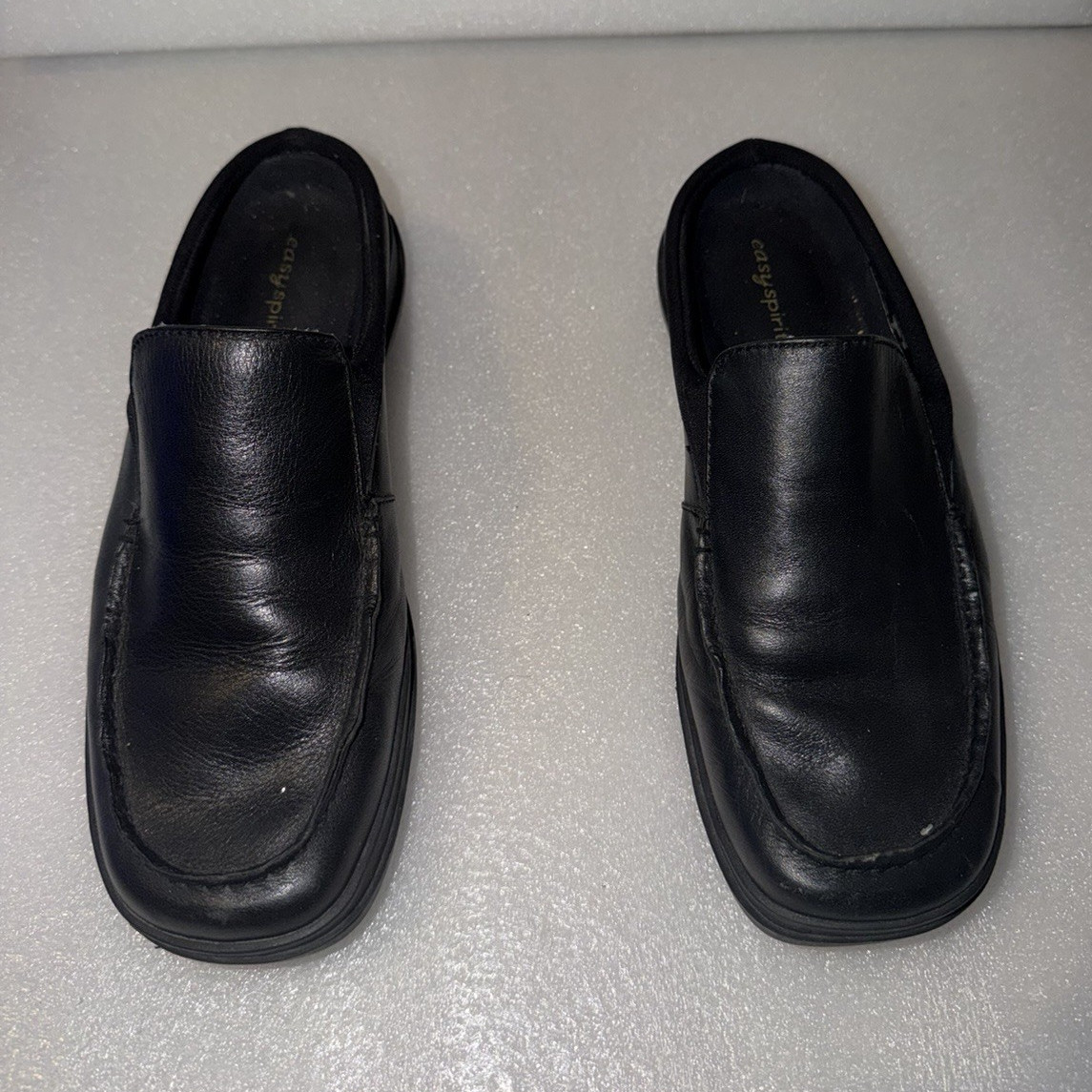 Easy Spirit Women’s Black Leather Slip-On Mule Shoes, Square Toe, Size 6