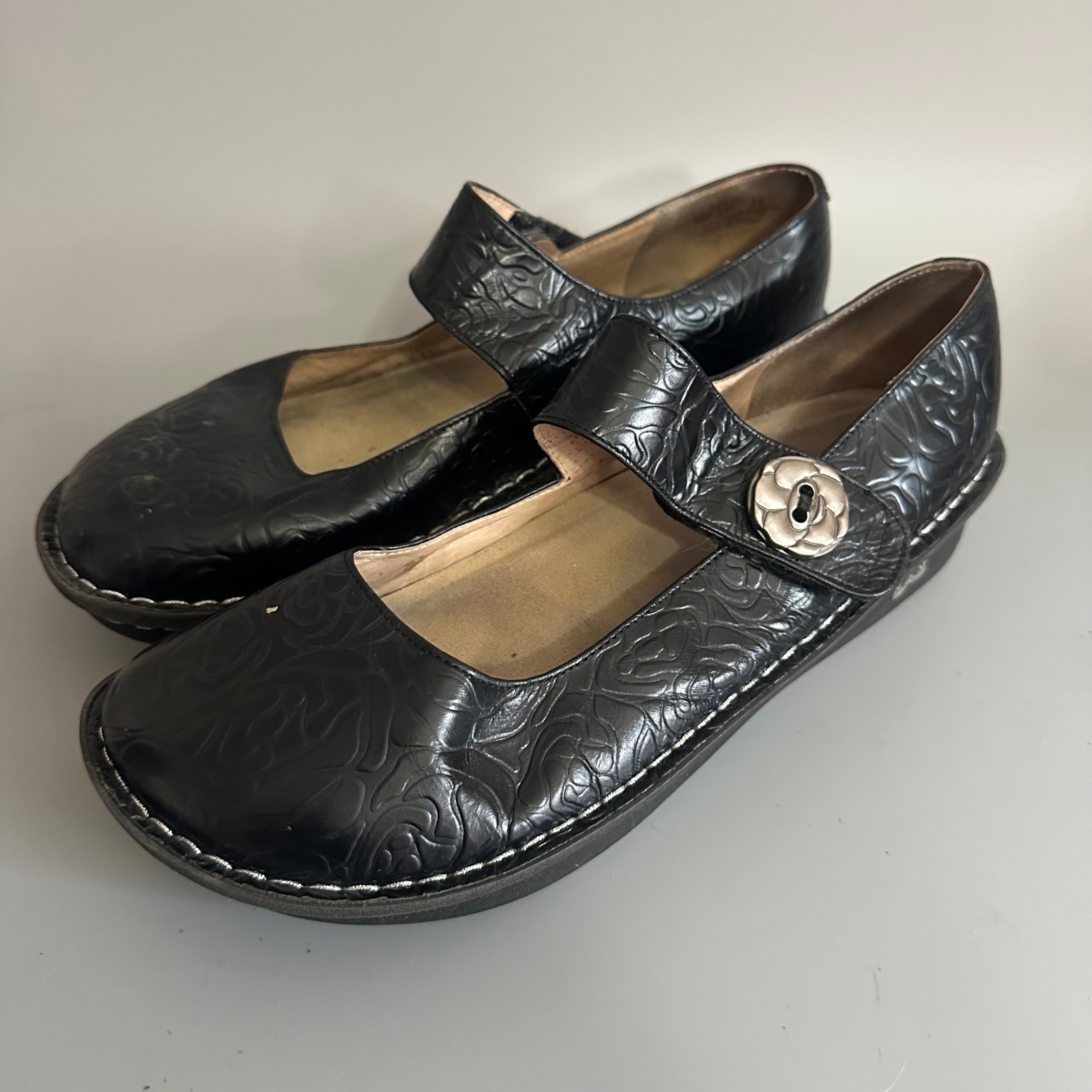 Alegria Paloma Black Embossed Rose Leather Mary Jane Shoes Womens 43 US 12-12.5