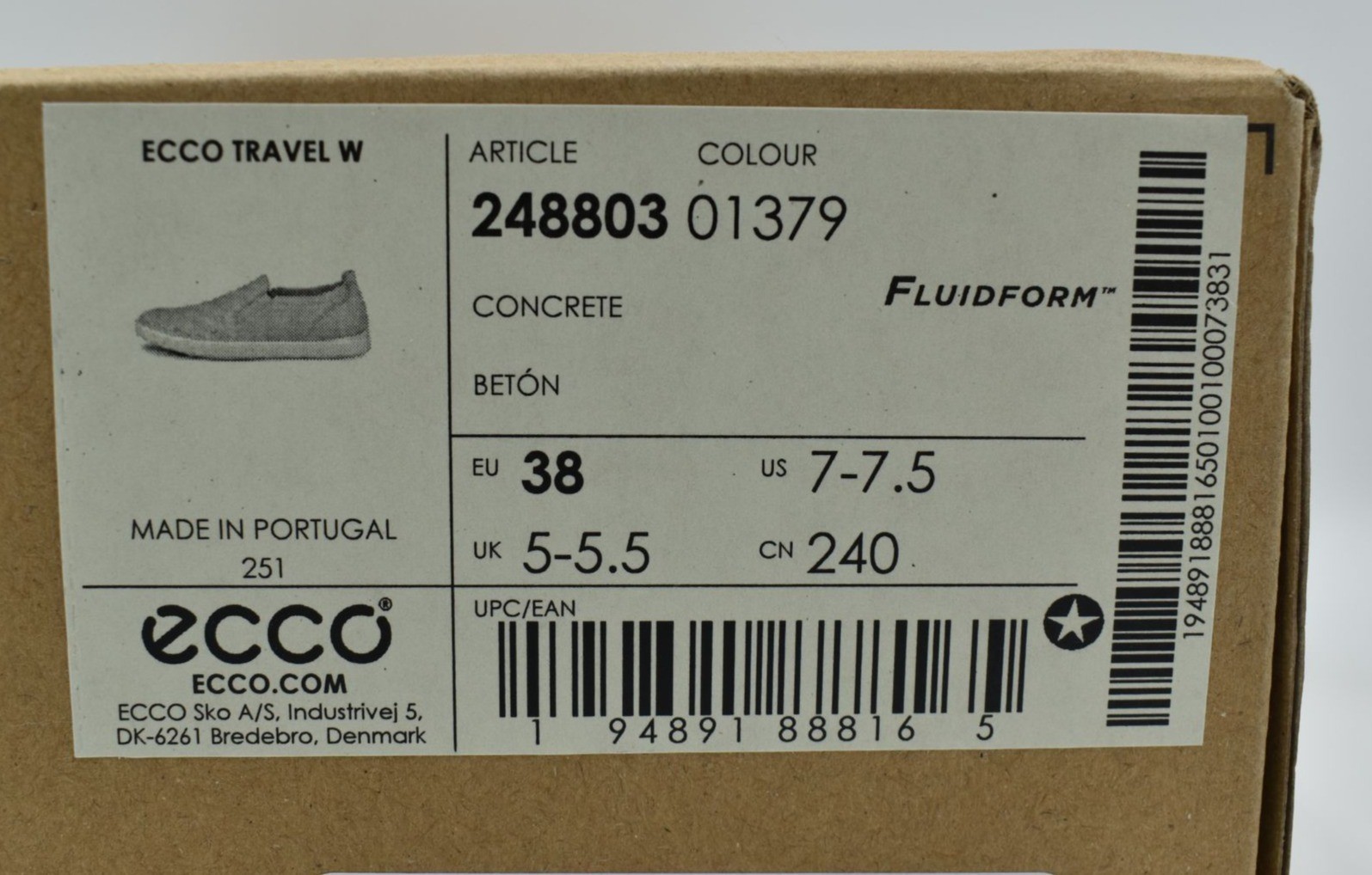 ECCO EU 38 US 7-7.5 Travel Perforated Concrete Leather Slip On Sneakers Shoes