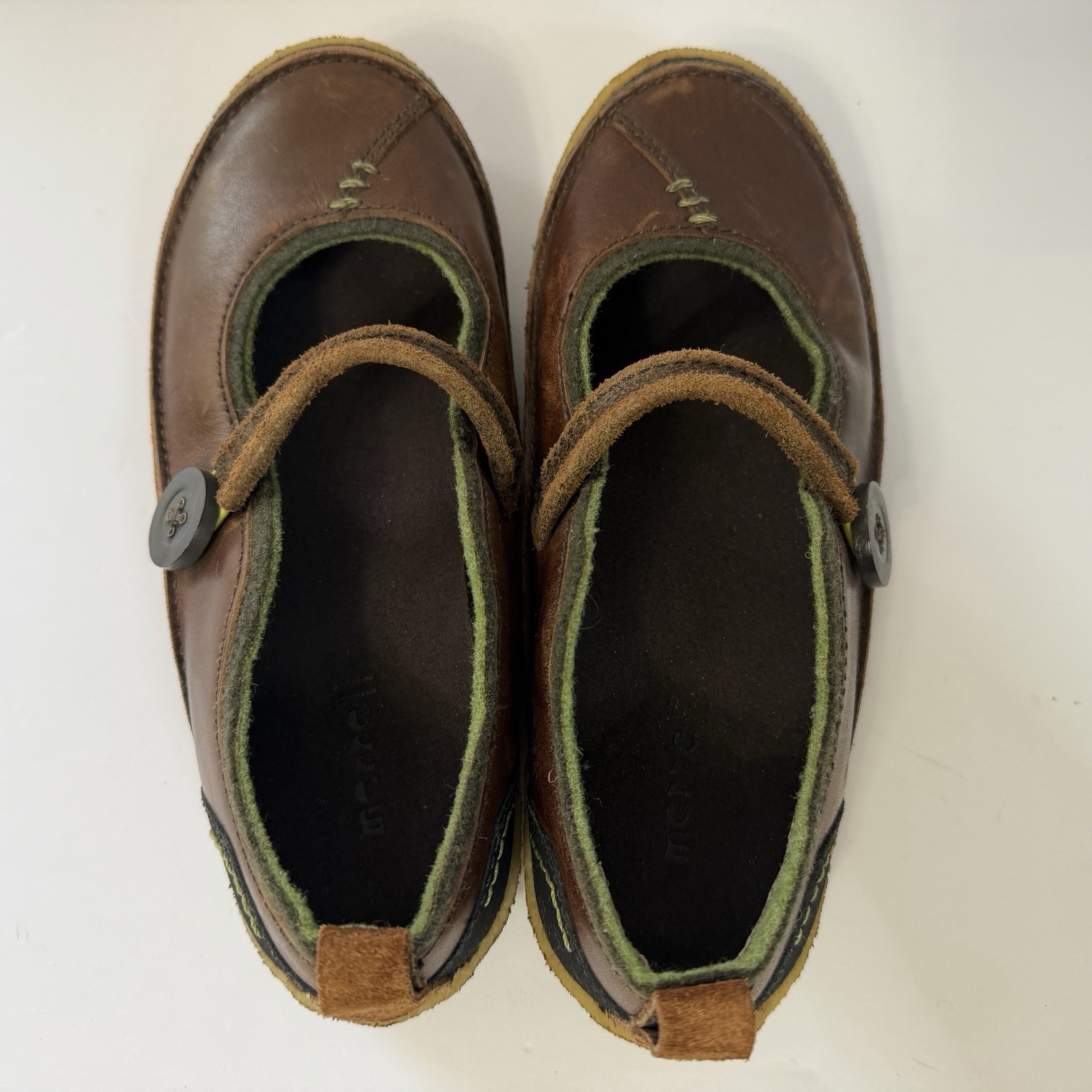 Merrell Womens Paris Saddle Mary Jane Brown Leather Crepe Sole Shoes Size 7