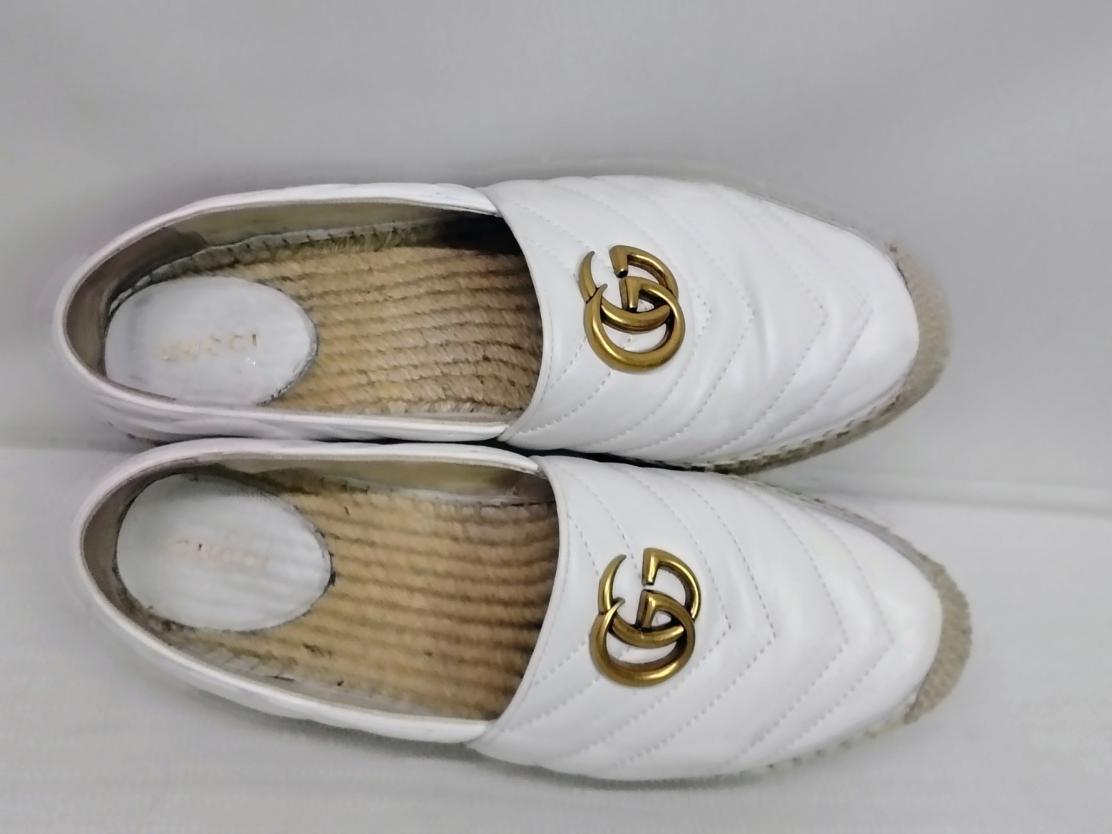 GUCCI SHOES PILAR WHITE CHEVRON LEATHER GG PLATFORM ESPADRILLE $790 39.5 US 9.5
