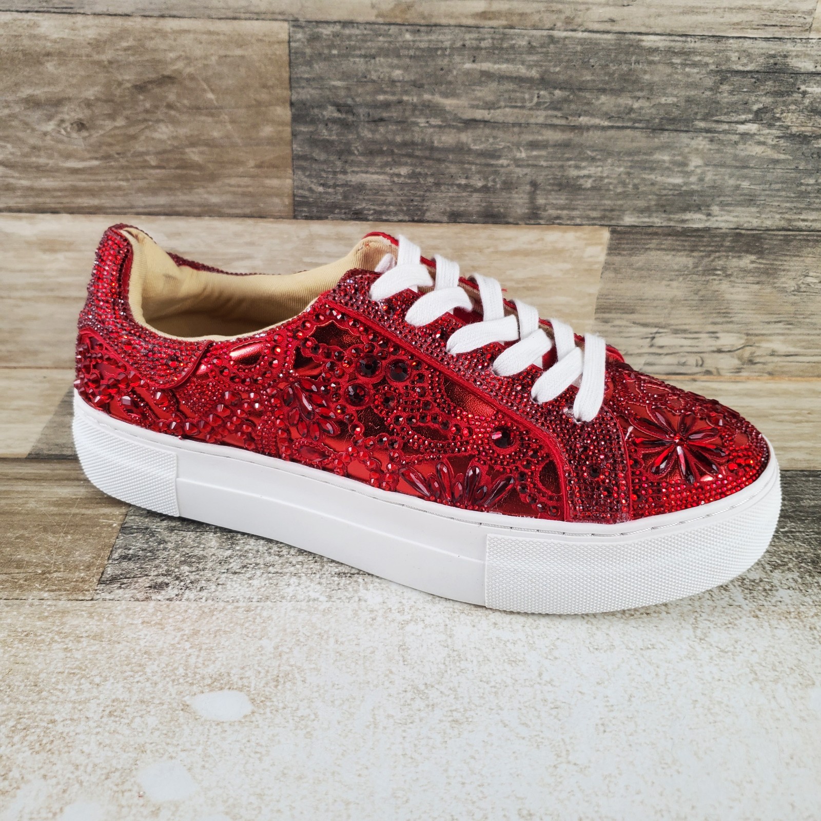 Betsey Johnson Reily Womens Shoes Sz 8.5 M Red Rhinestone Lace Platform Sneakers