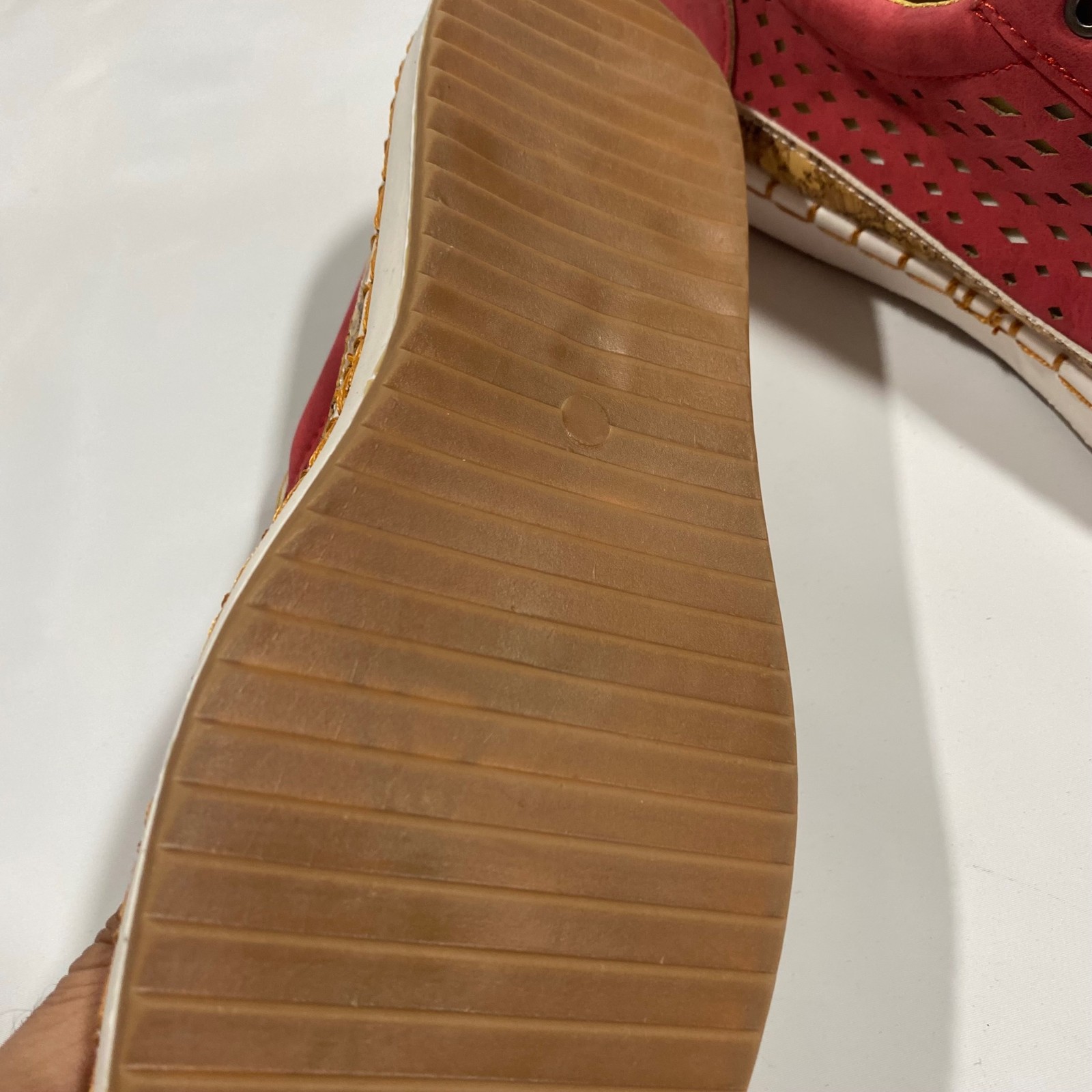 Slip On Sneakers Womens 10 Red Perforated Cork Trim Low Top Casual Shoes Comfort