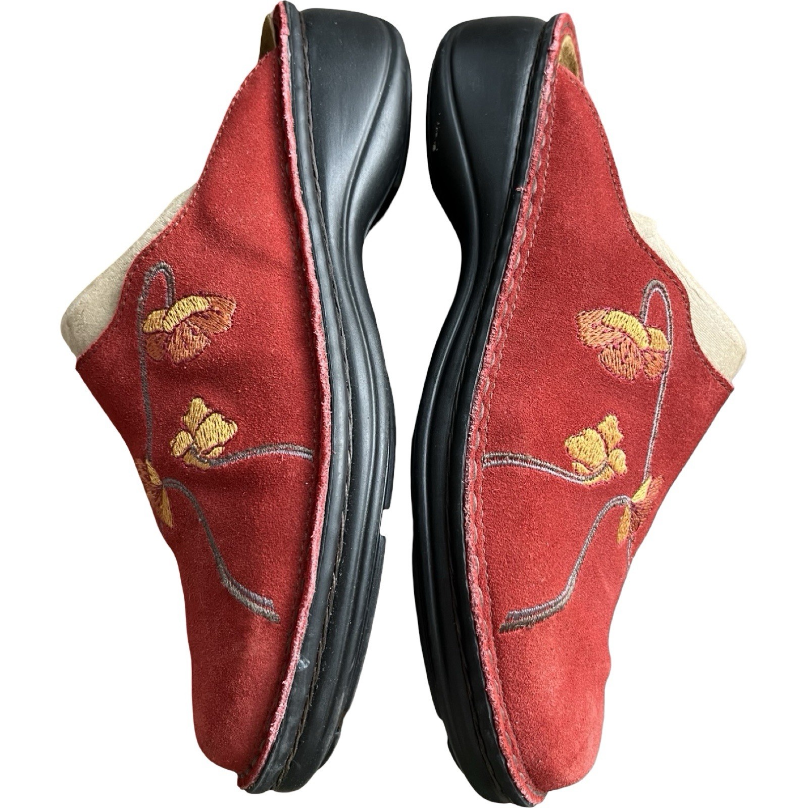 NAOT Size 38 Mule Shoes Red Suede Embroidered Flowers US Size 7.5 Slip On
