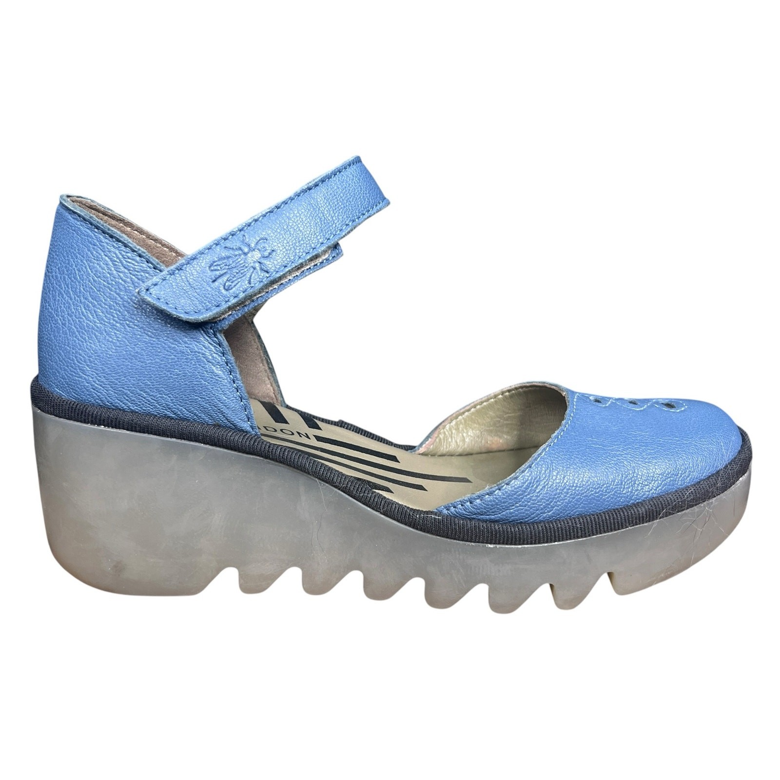 Fly London Biso305 Blue Leather Ankle Strap Cutout Wedges Size 38 US 7.5/8