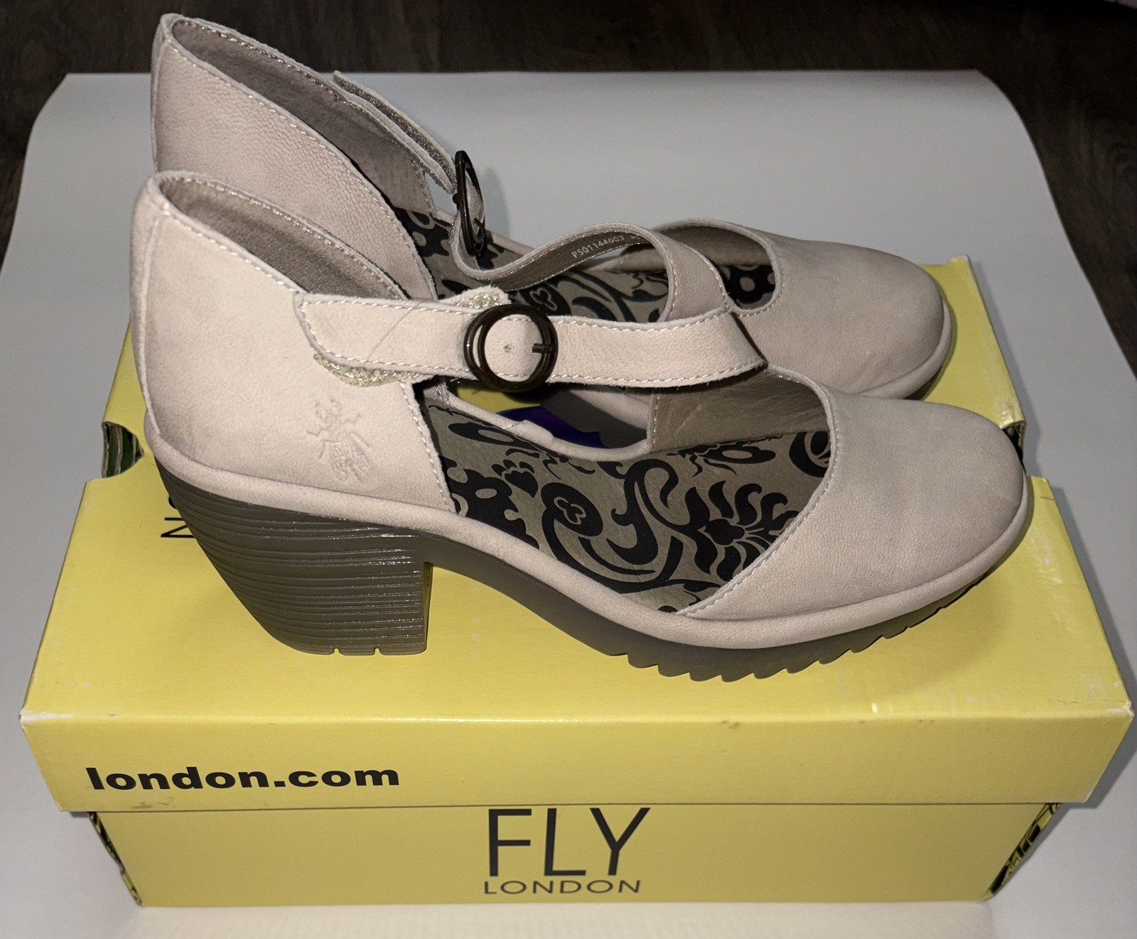 Fly London Leather Asymmetrical Strap Heel Nude, Leather Buckle Closure Size 6
