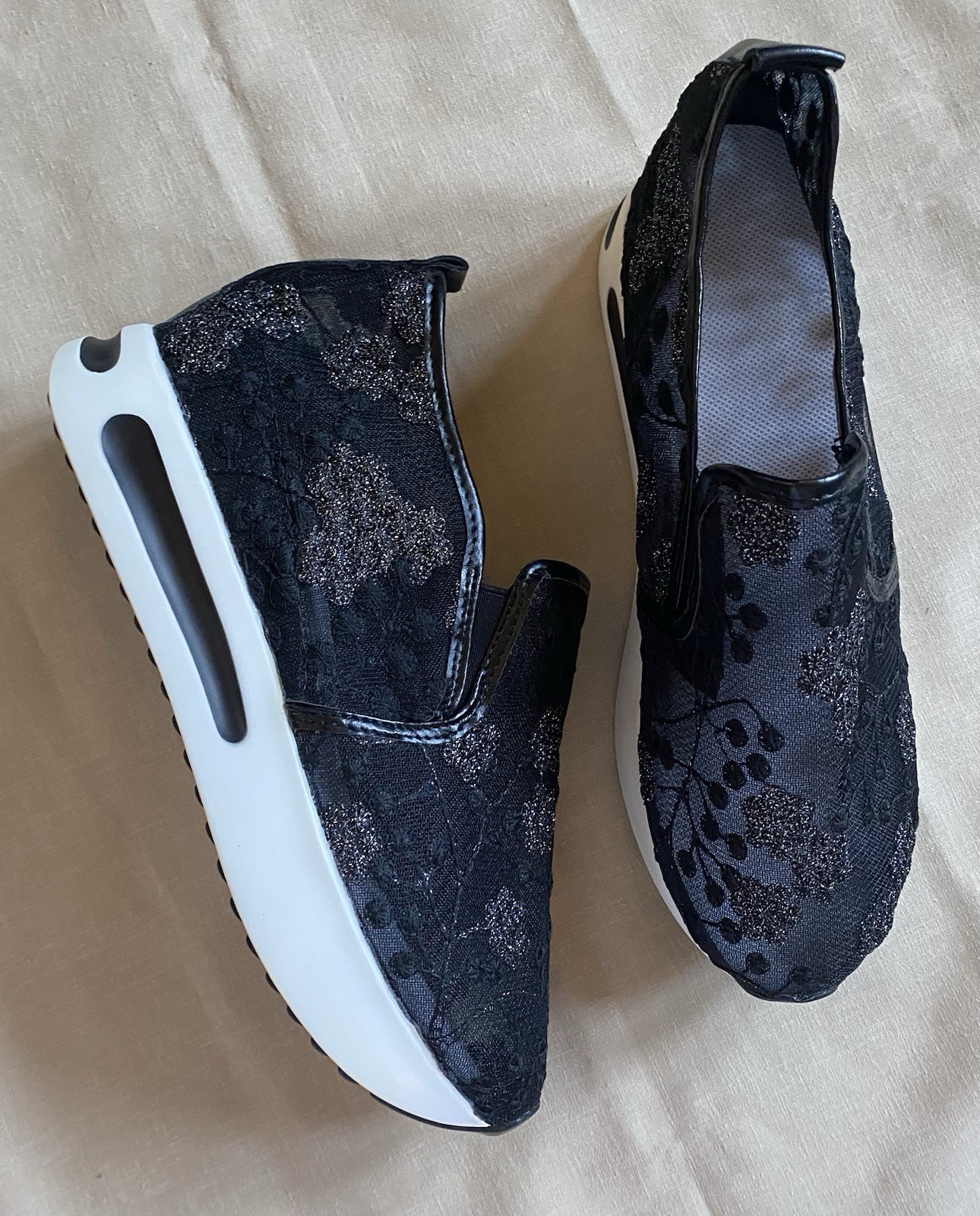 Black Floral Lace Platform Sneakers Slip On Air Cushion Mesh Shoes Size 43 / 11
