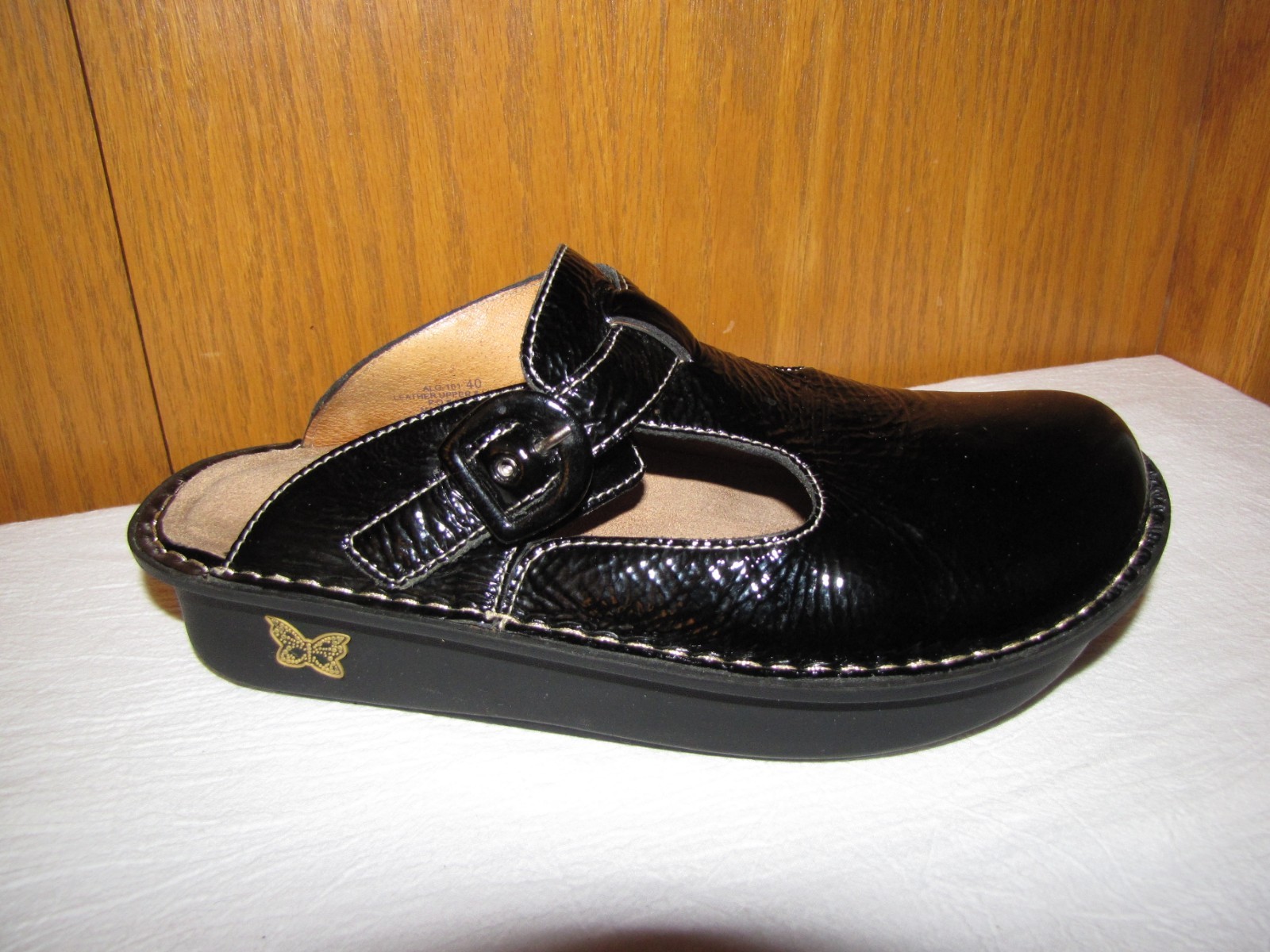 ALEGRIA 101 COMFY BLACK CRINKLED PATENT LEATHER COMFORT CLOG MULES 40-US-9.5-10