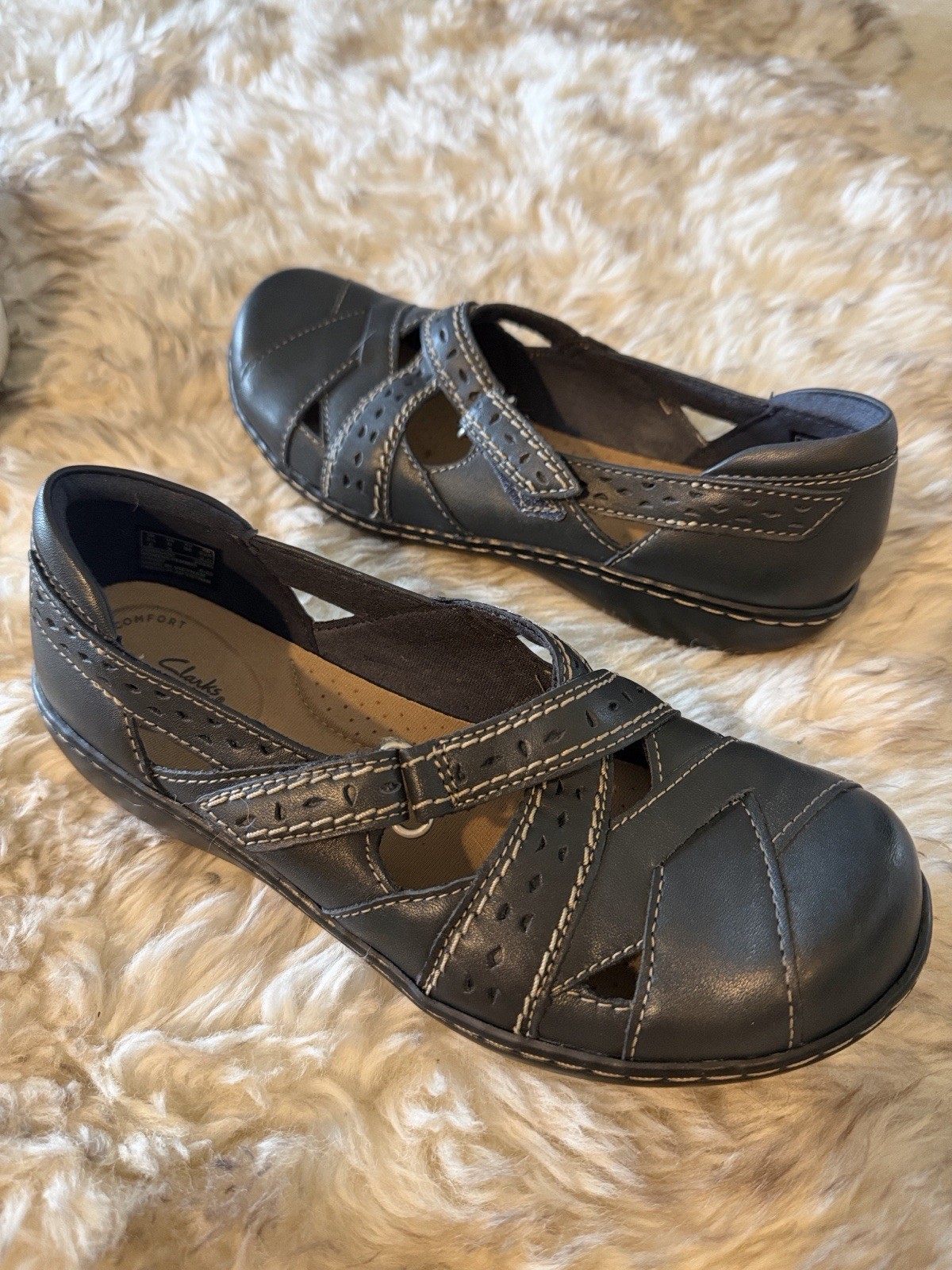 Clarks Womens Ashland Spin navy Shoes mary jane slip ons cushion 6 leather