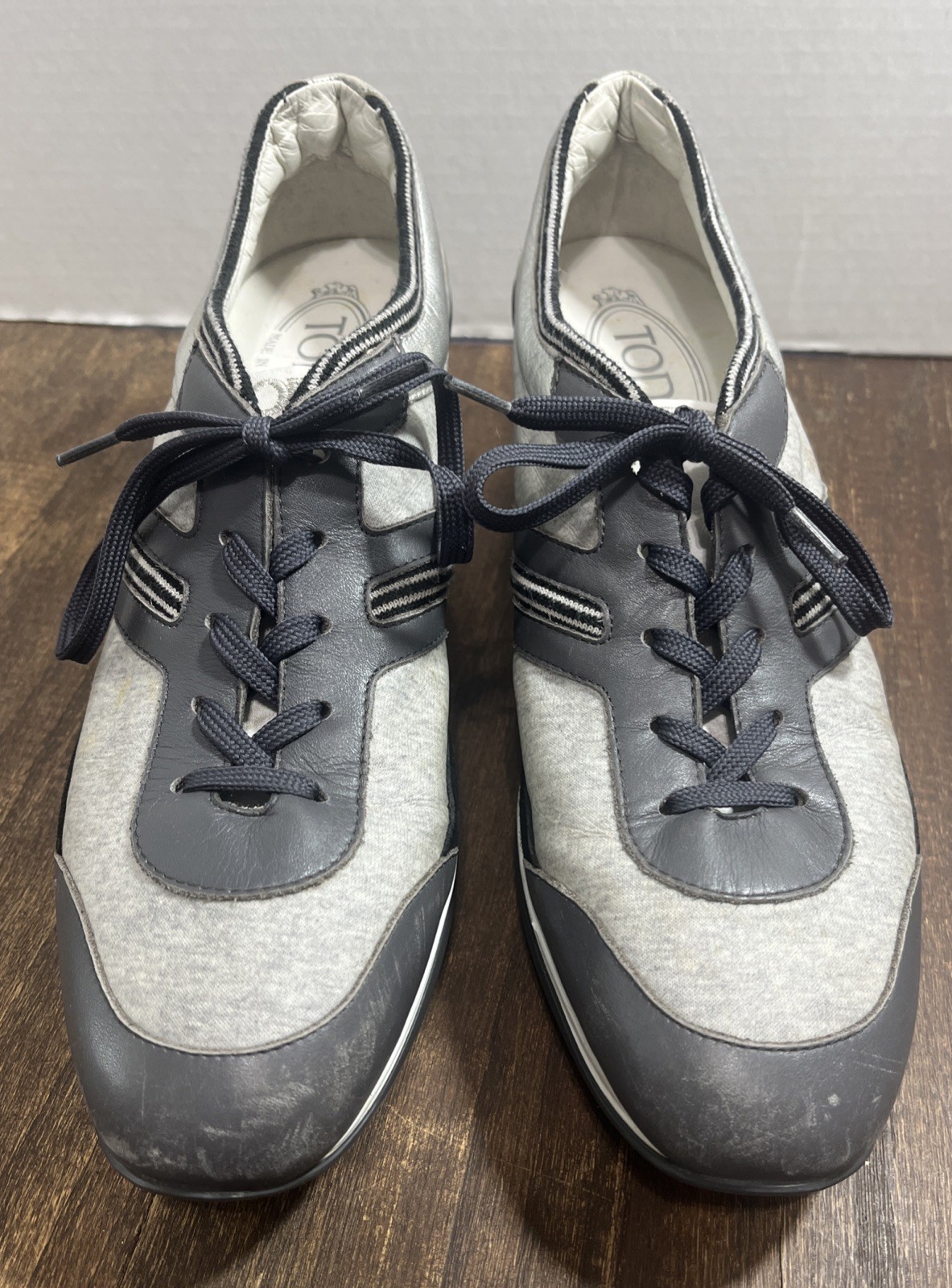 Tods Women’s Blue Gray Leather Fabric Almond Toe Wedge Sneakers Sz 8 US / 39 EU