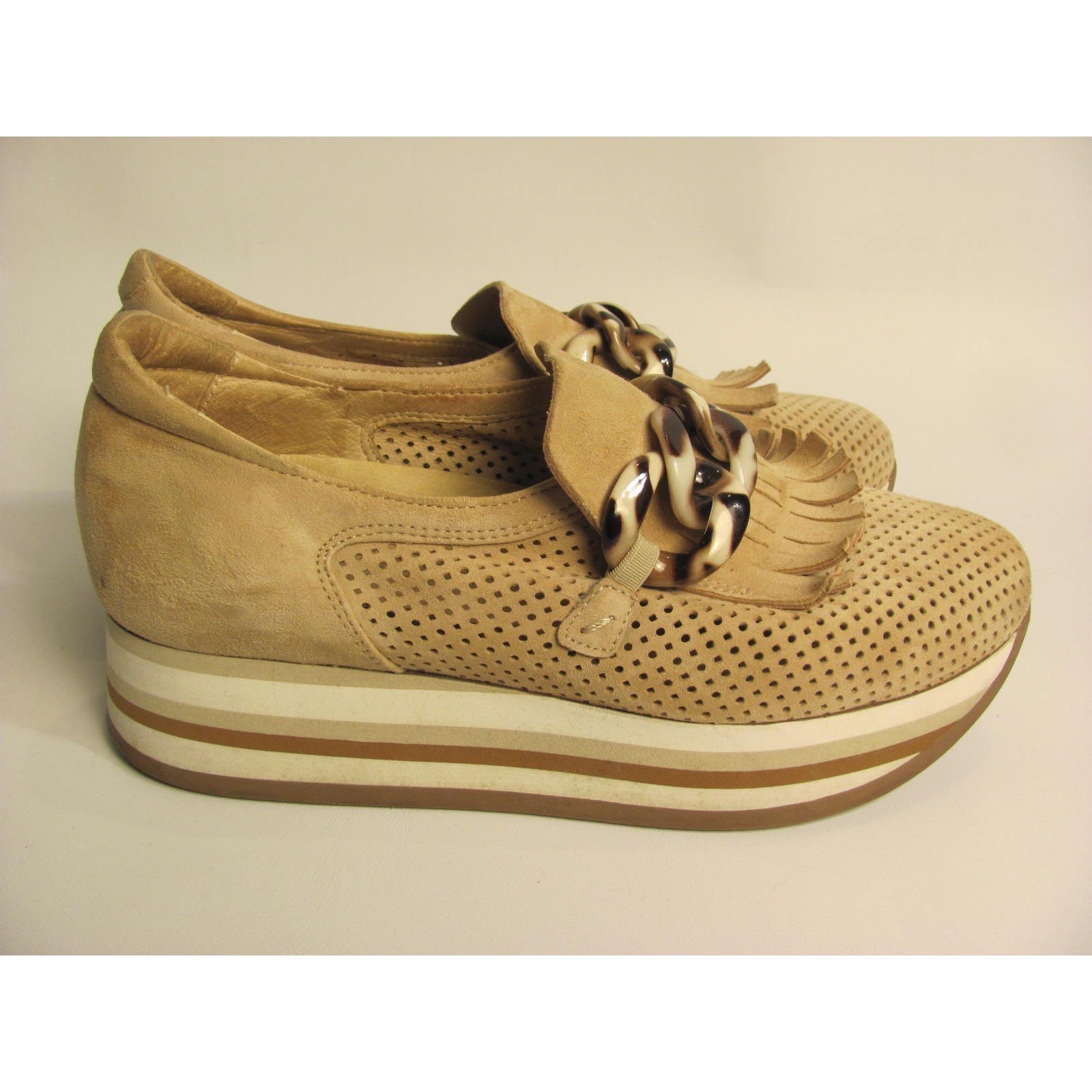 Softwaves Tan Suede Tortoise Chain Oxford Casual Sneaker Comfy Size 38