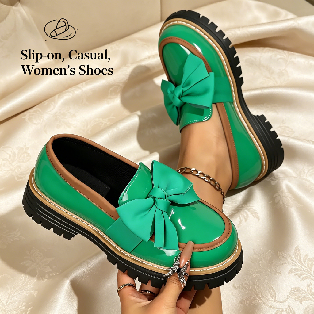 Women Patent Leather Loafers, Round Toe Bow Chunky Heel Platform Shoes