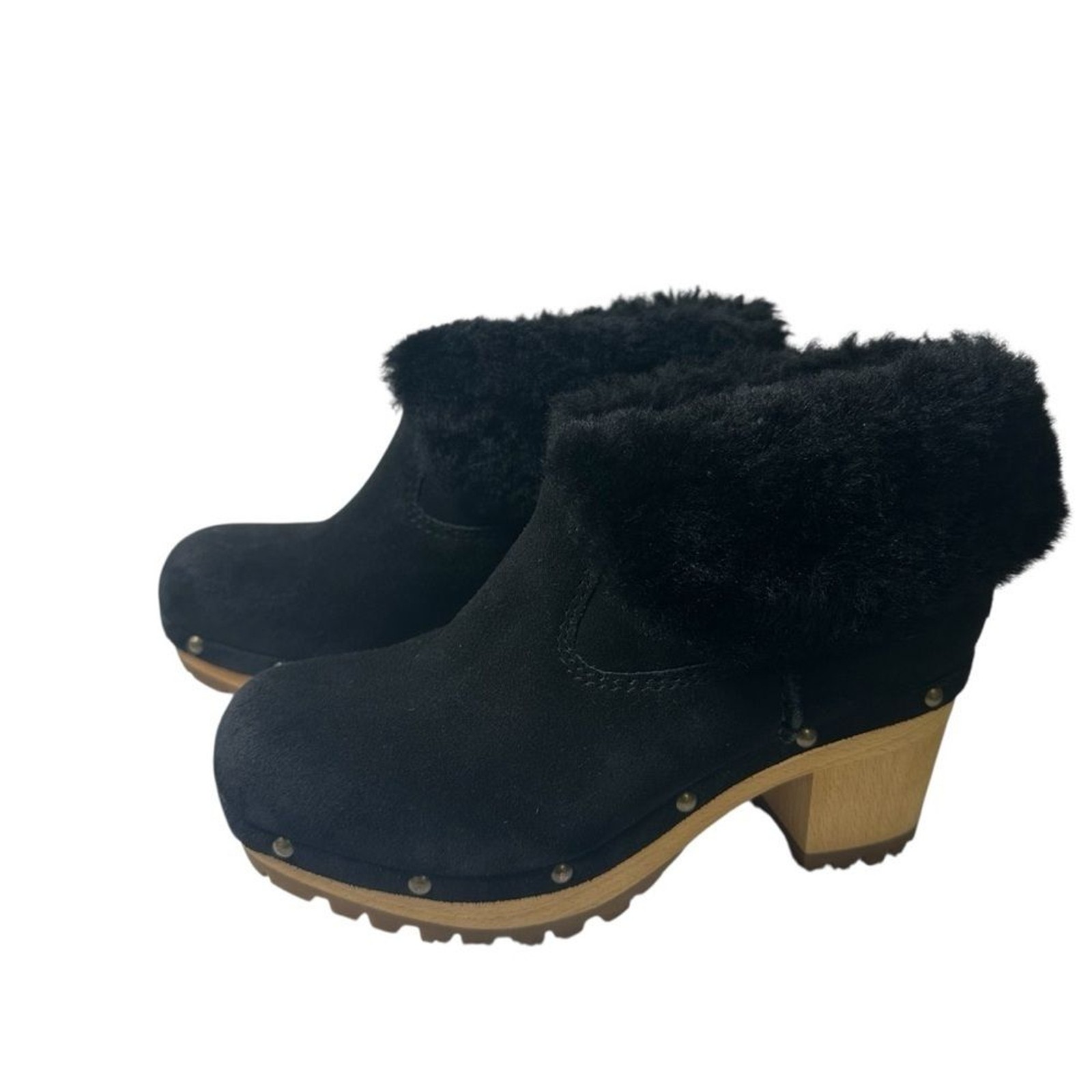 UGG Thebes Black Suede Clog Wooden Bootie Mules with Faux Fur Trim Size 5