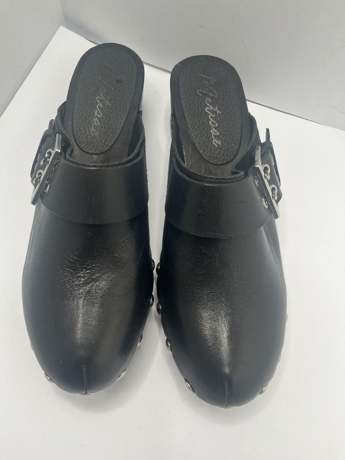 Clog Shoes Womens Size 7 Black Leather Studded Platform Buckle Slip On