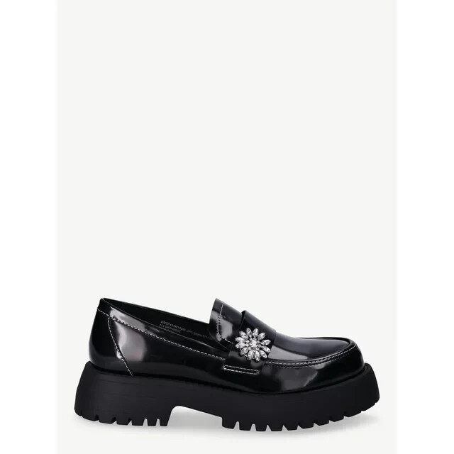 Scoop Embellished Loafers Women’s 7 Black Polyurethane Slip-on Apron Toe Solid