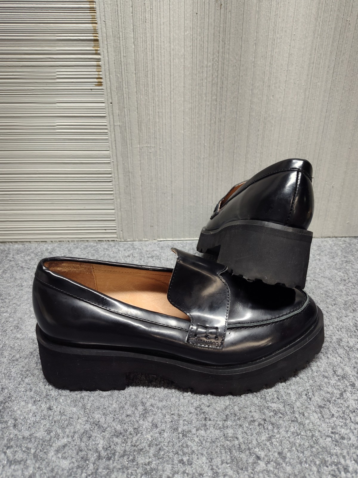 ALL BLACK Women Loafer 37 US 6 Black Patent Leather Slip On Chunky Platform Shoe