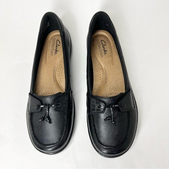 Clarks Women’s Cora Haley Mixed-Texture Tie-Top Loafers Black Leather Size 7.5M