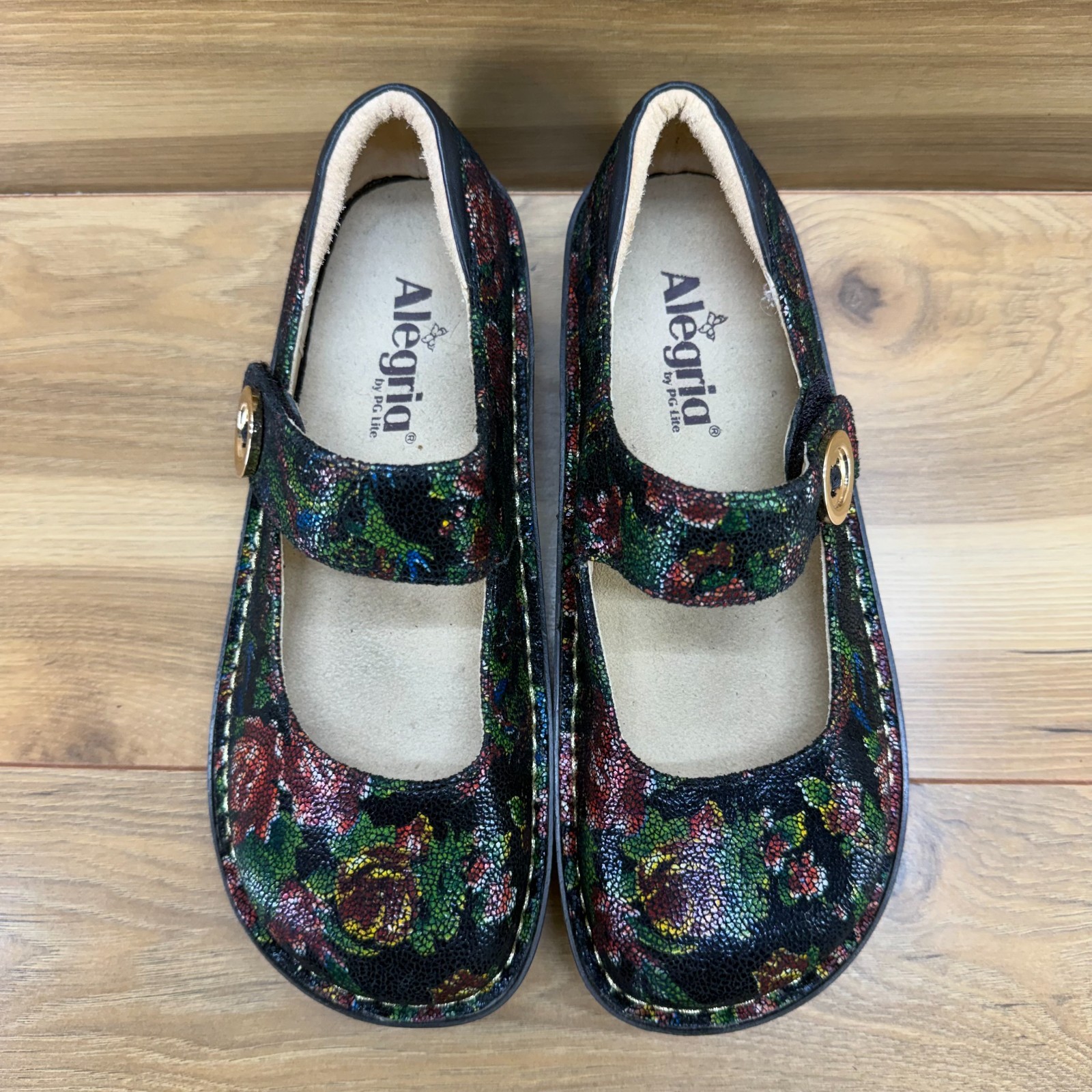 Alegria Paloma Mary Jane Womens 7 Wide EU 37 Rose Floral Button Comfort Walking