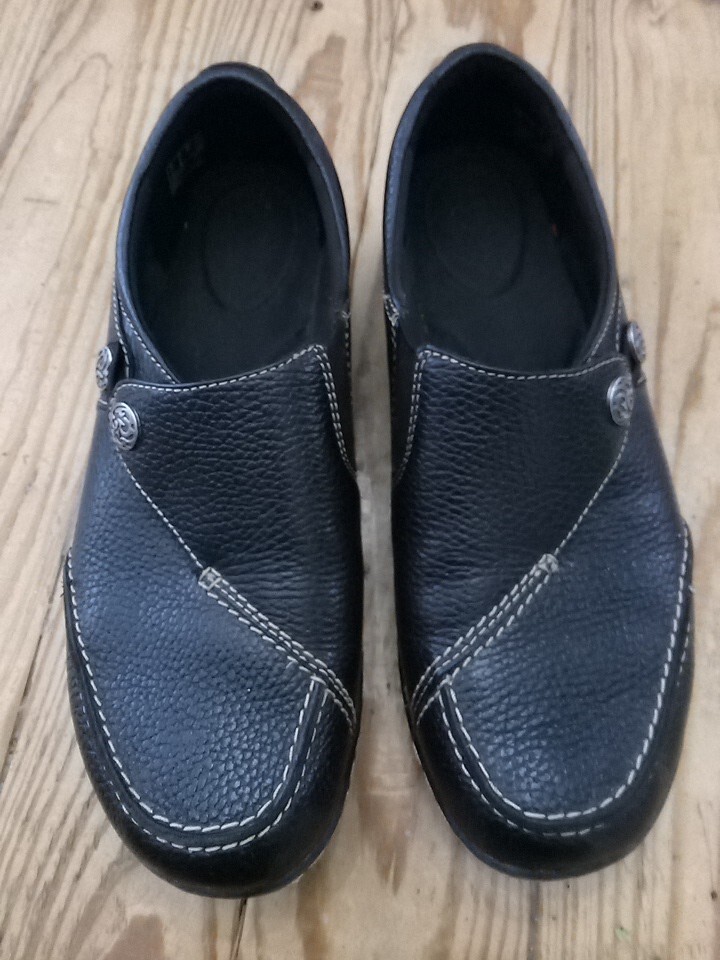 Clarks Bendables Black Leather Side Button Slip On Loafers Women size 9
