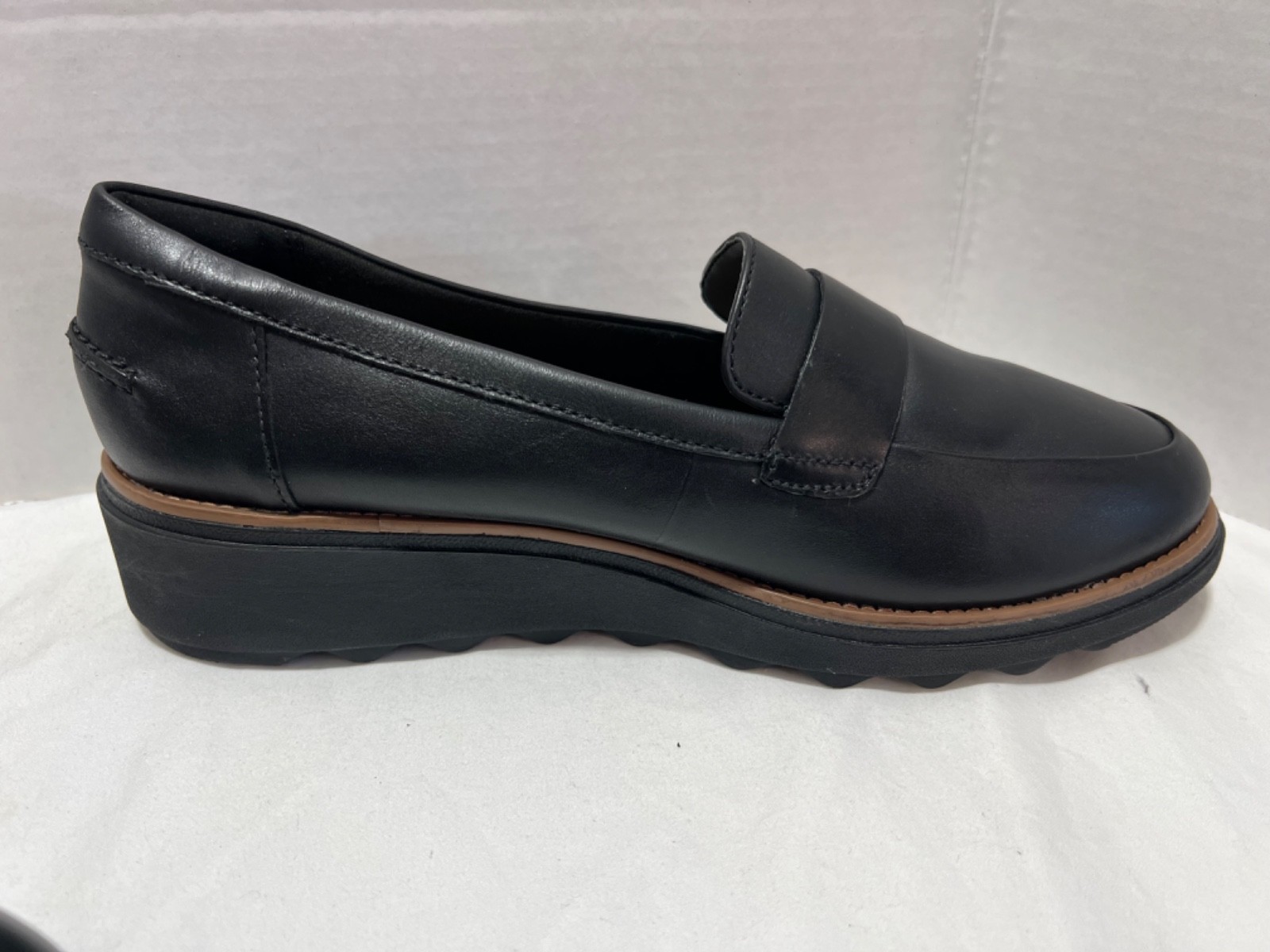 Women’s, Clarks Sharon Gracie Loafers ,9 .5 W, Black, Leather Wedge Shoes