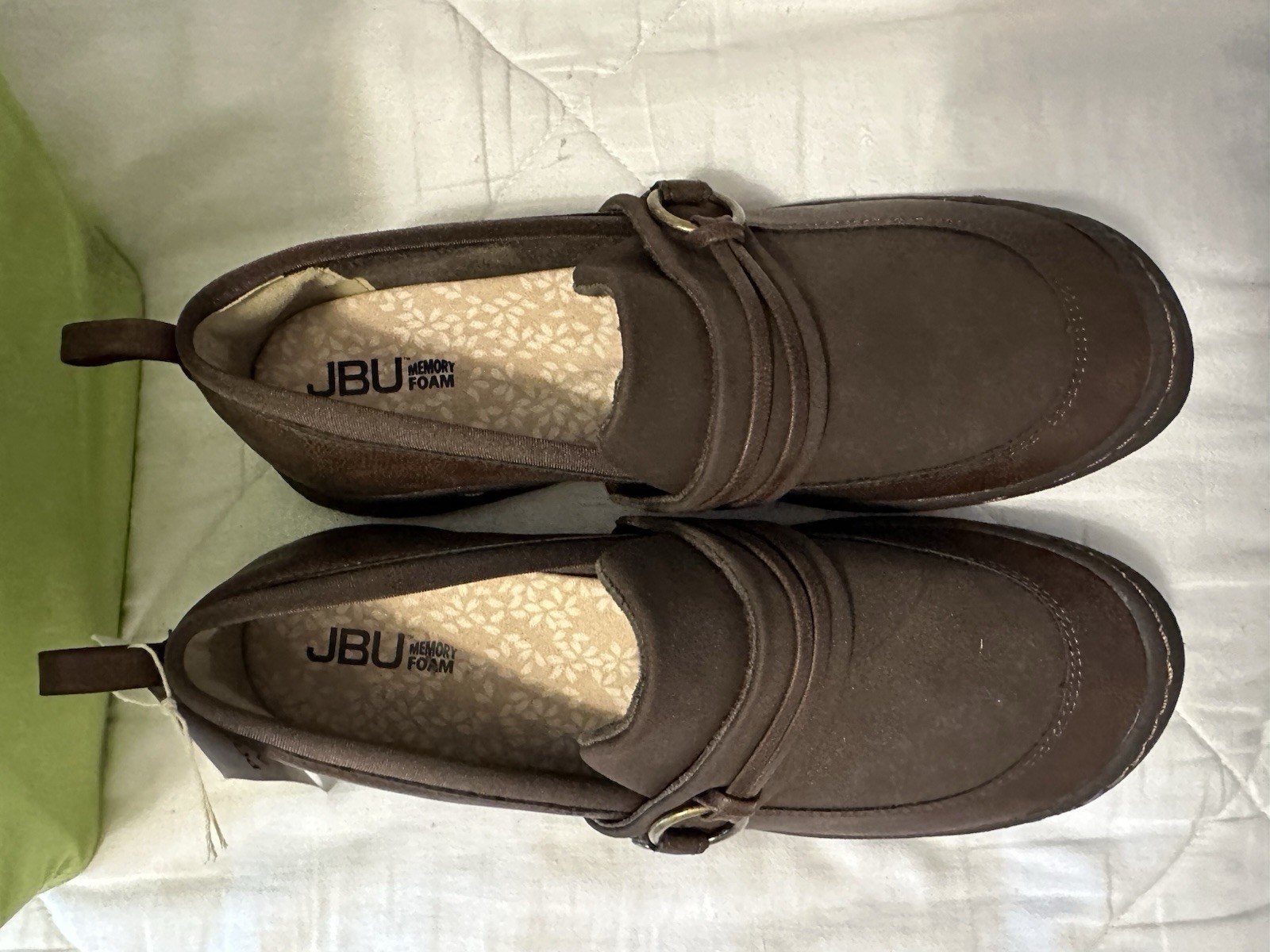 JBU Memory Foam Women’s Brown Slip-On Casual Shoes Buckle Accent Round Toe ~ 10