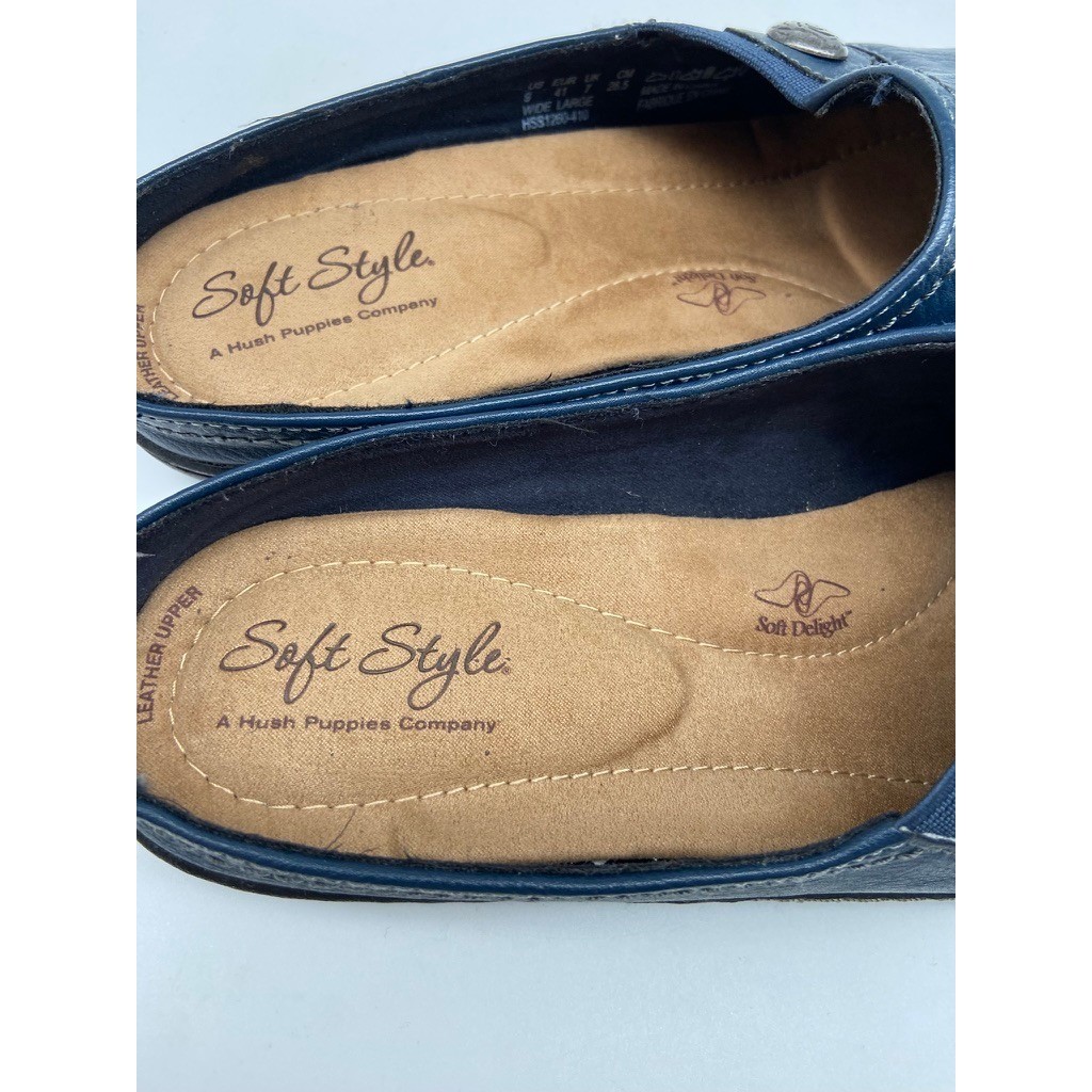 Soft Style Hush Puppies Mules Womens 9 Wide Blue Leather Button Slip On Clogs