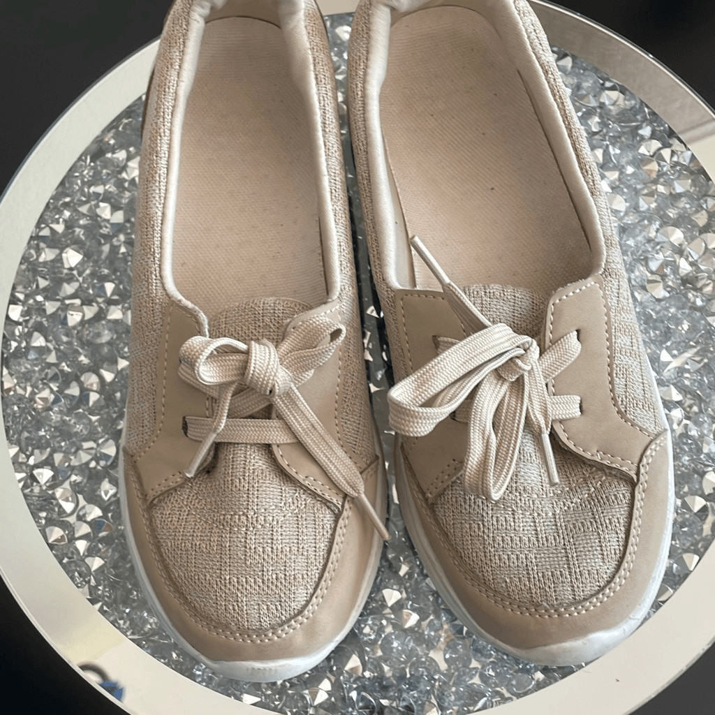 Comfortable women’s casual slip on walking shoes beige white faux leather loafer