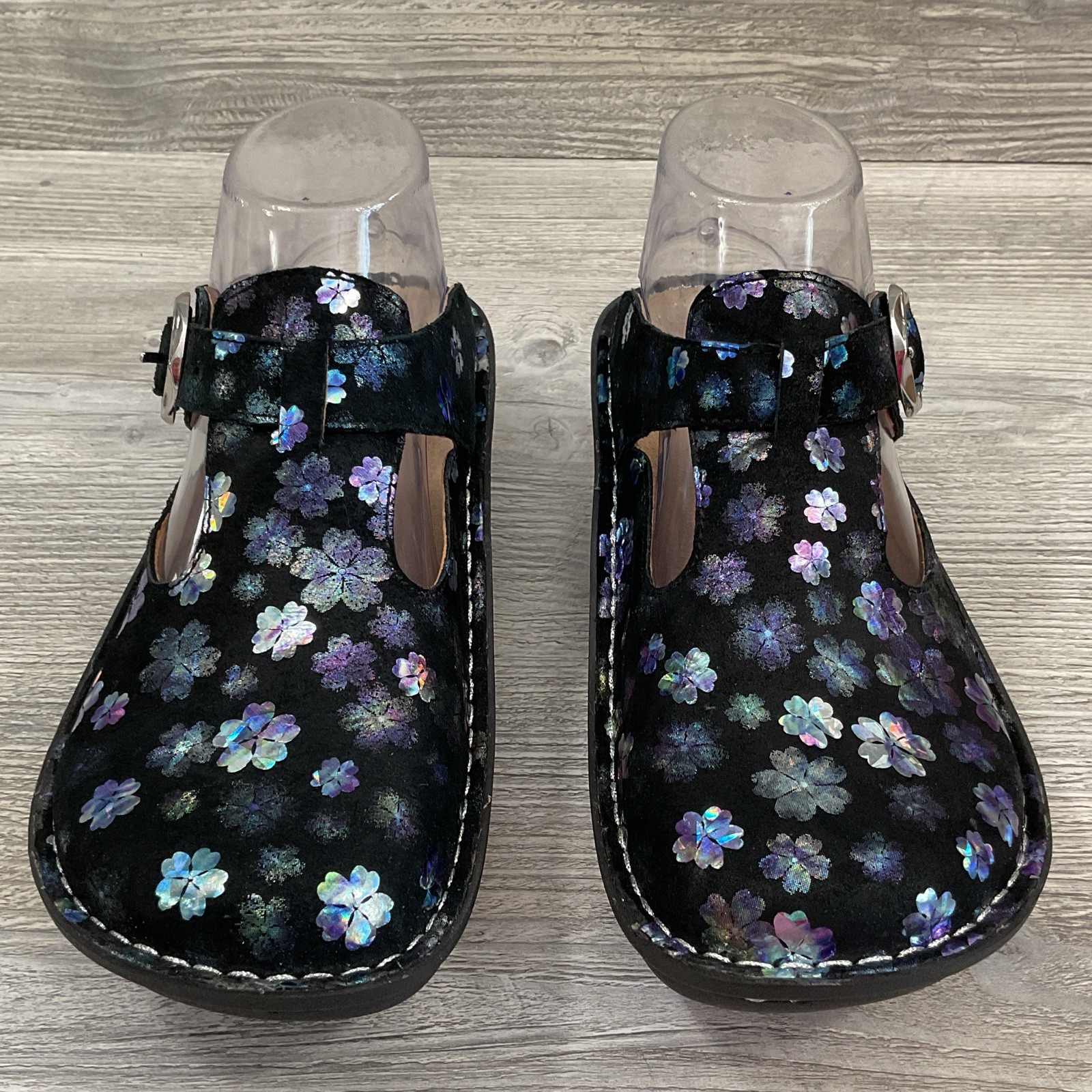 Alegria ALG-555 Mary Jane Clogs Womens US 7-7.5 EU 37 Black Floral Leather NEW