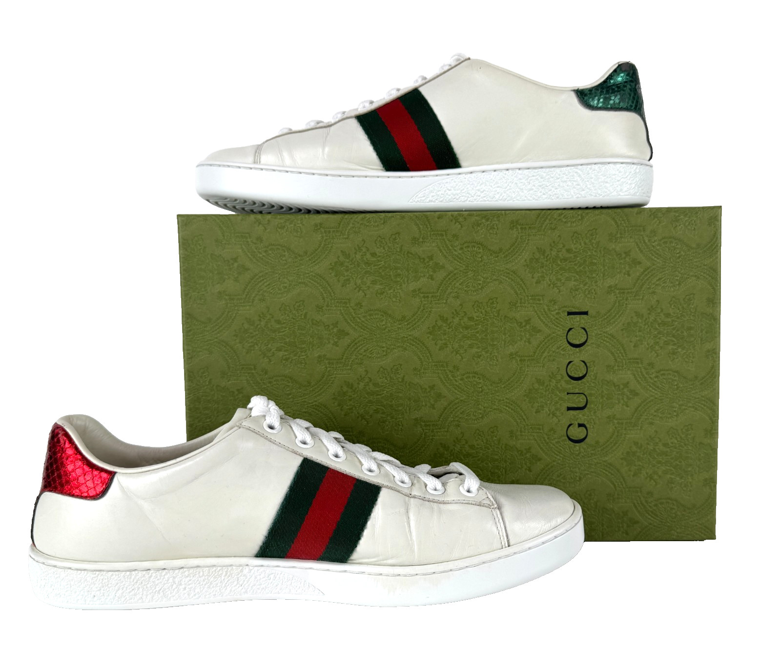Gucci Wmn Auth Ace No Arrow White Leather Web Sneakers 9.5 US 39.5 EU Shoes Box